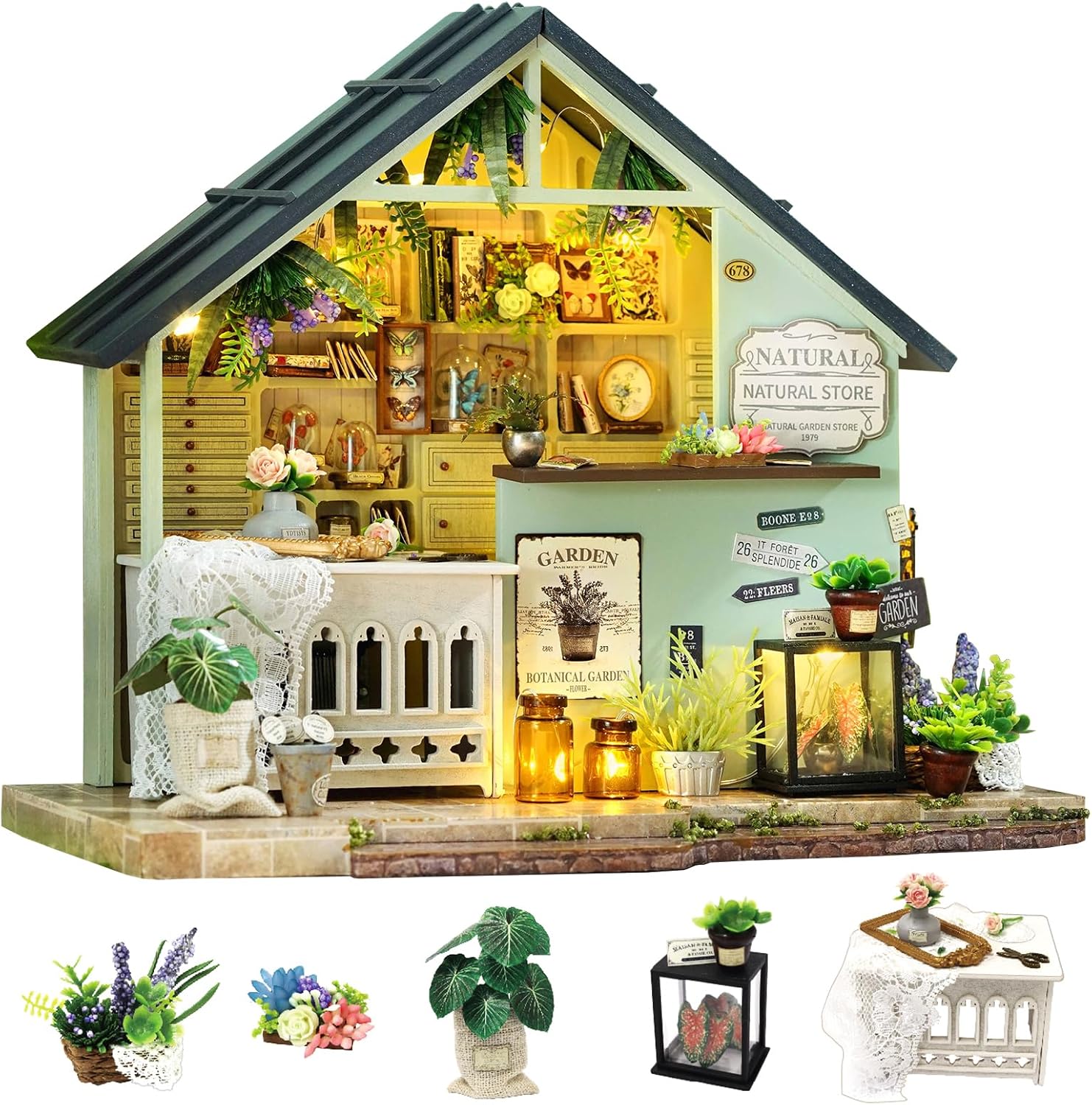 CUTE-Eyfud DIY Miniature Dollhouse Kit For 14+ & Adults, Wooden House Set with LED Lights & Music Box, 1:24 Scale tiny house Building Kit, Handmade Birthday Gift for Women & Girls (Plants Studio)