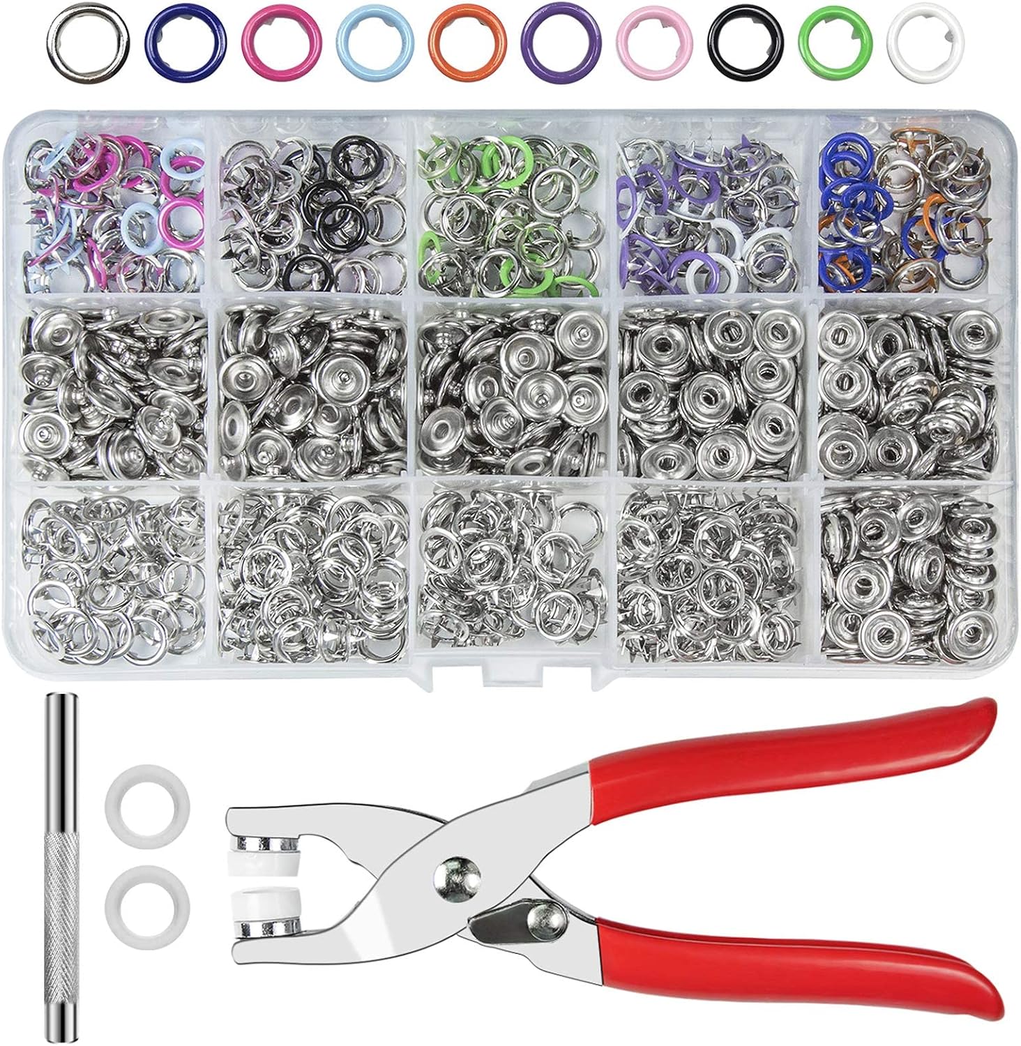 Snap Button Fastener kit, 200 Sets 9.5mm Metal Snaps Buttons with Fastener Pliers Press Tool Kit, Press Studs Snap Fasteners No Sewing, Five Claw Buckle Tool Set for Sewing and DIY Crafting,10 Colors