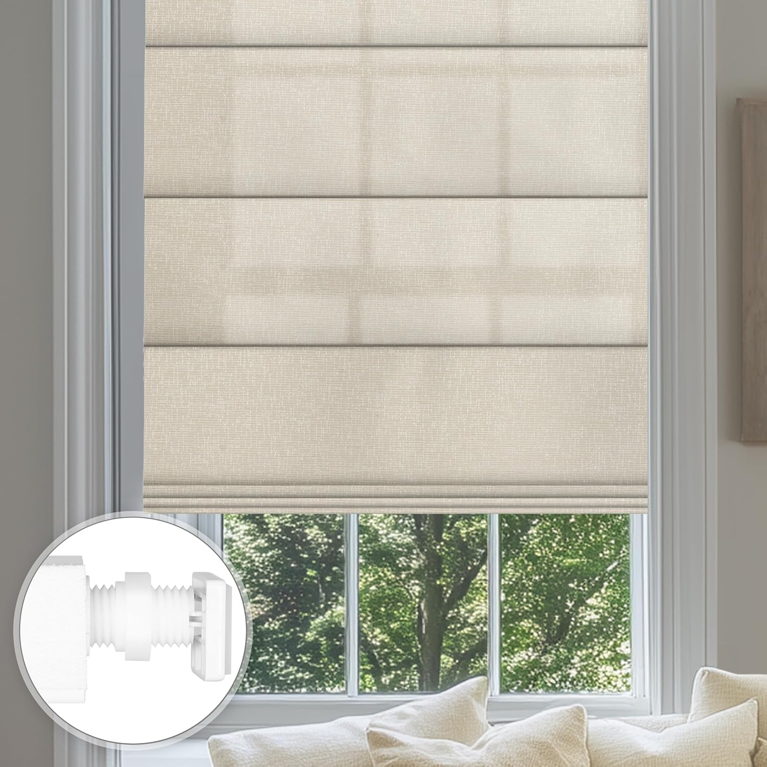 No Drill Roman Shades for Windows No Tools Roman Shades, UV Protection, Privacy, Thermal Insulation Roman Blinds, Easy to Install,Blocking Roman Blinds for Home 70％Blackout-Beige Custom Size