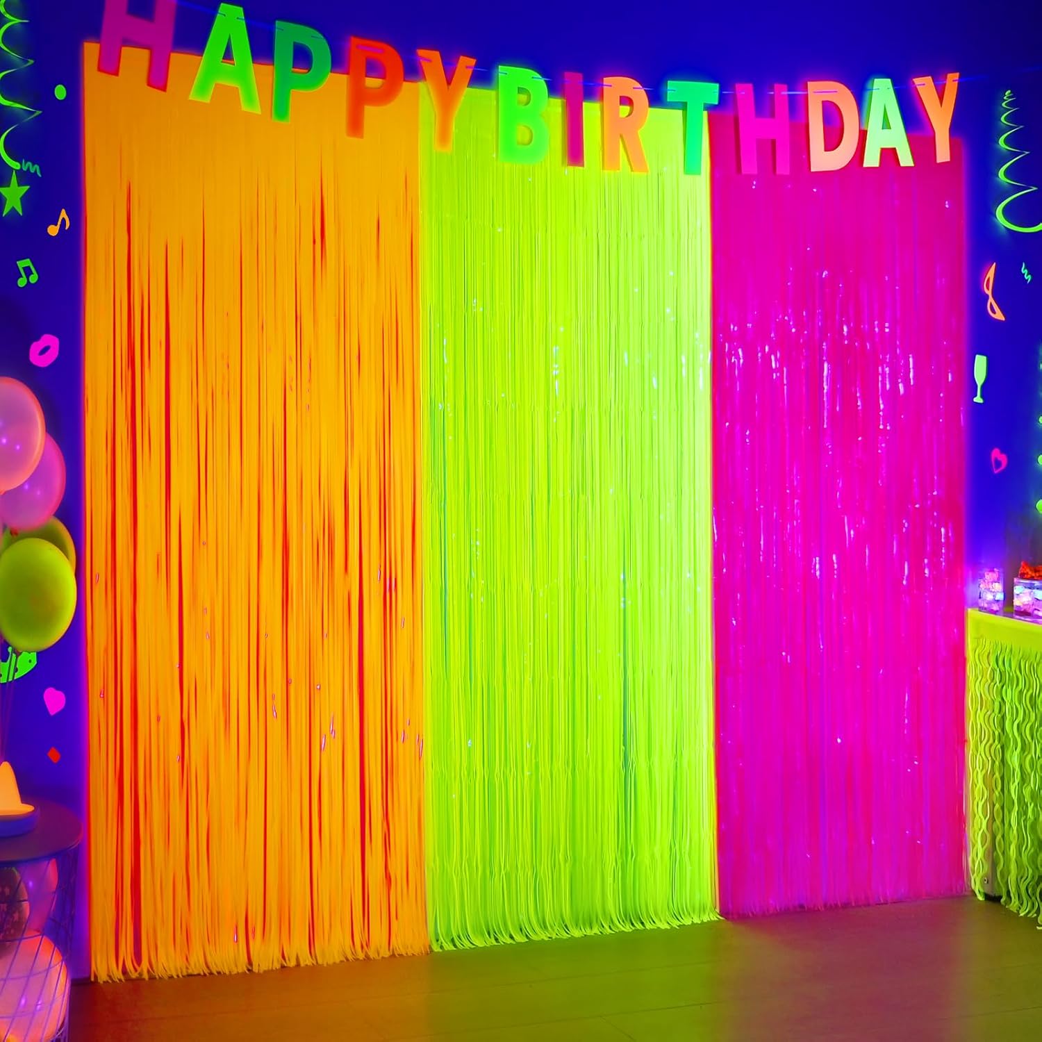 Mega-L Glow in The Dark Party Supplies, 3 Pack Neon Party Decorations 9.9 x 6.6 ft Fluorescent Macaron Orange, Yellow and Fuchsia Tinsel Foil Fringe Curtains, Glow Photo Booth Prop Backdrop Streamer