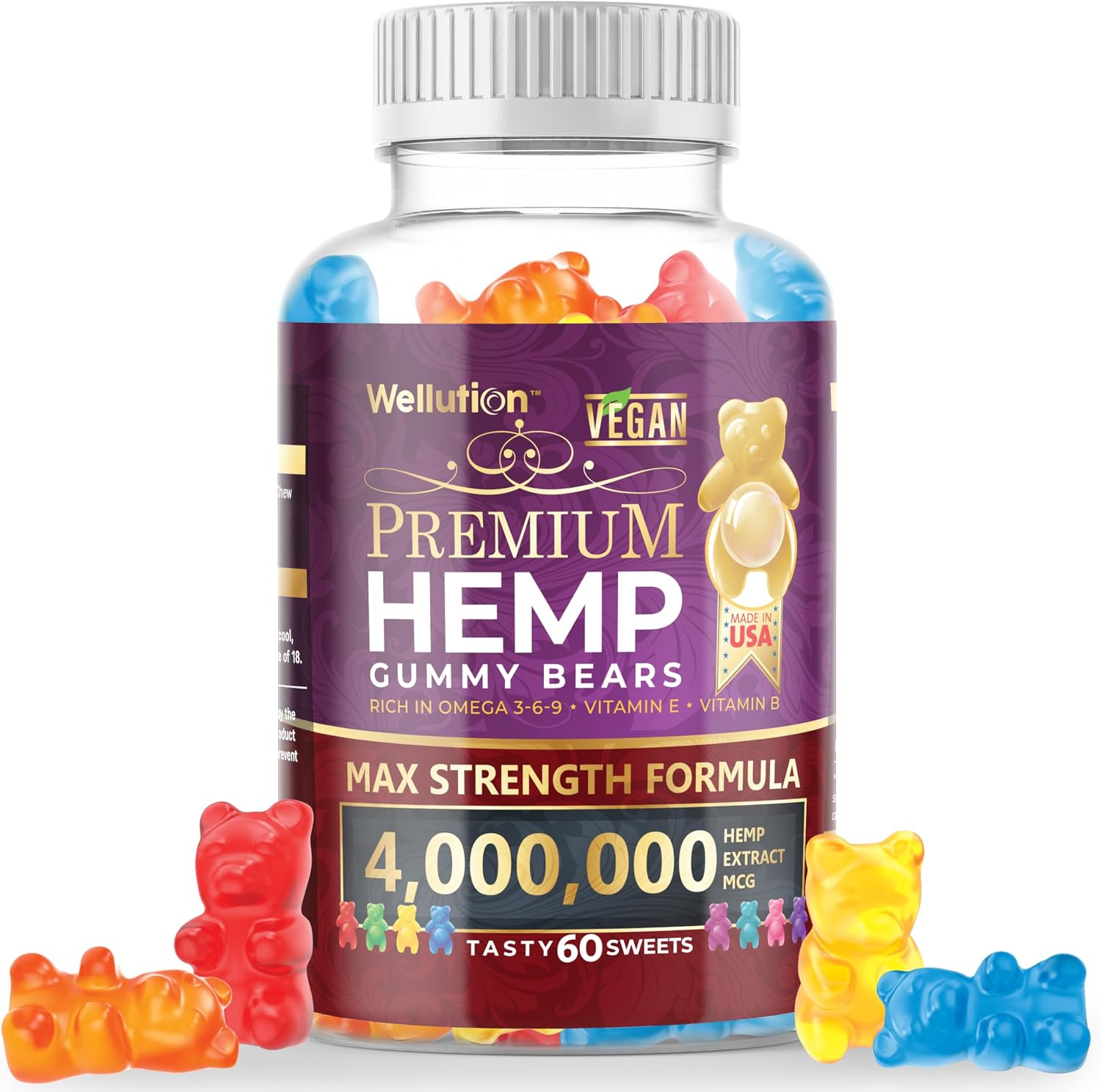 WELLUTION Hemp Gummies XXL 4,000,000 MCG - Vegan Gummy Bears with Natural Hemp Oil, Omega 3-6-9, Vitamins A & D - 60ct