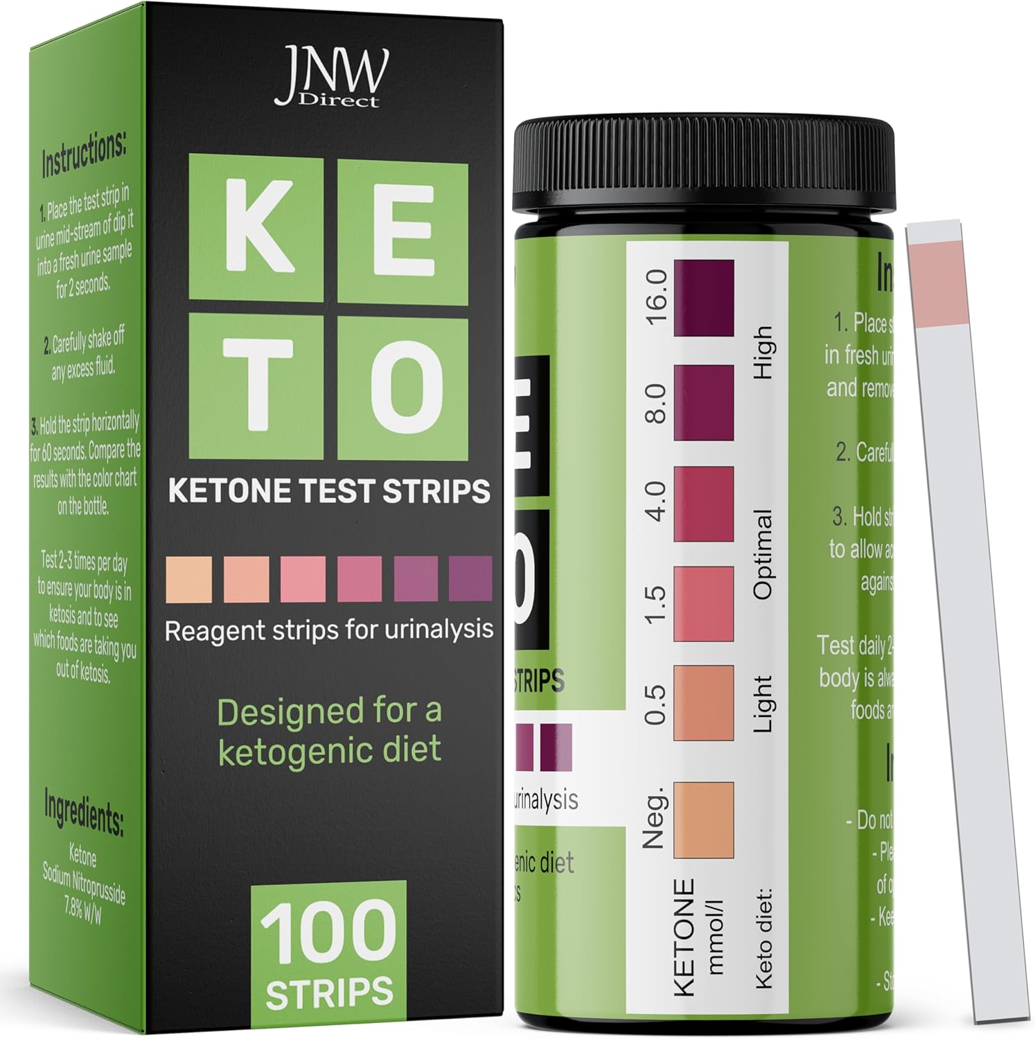 Ketone Test Strips by JNW Direct, 100 Keto Test Strips for Keto, Low Carb Diet - Urine Test Strips, Ketosis Test Strips Urine, Keto Strips, Ketone Urinalysis Test Strips, Ketones Test Kit - Free eBook