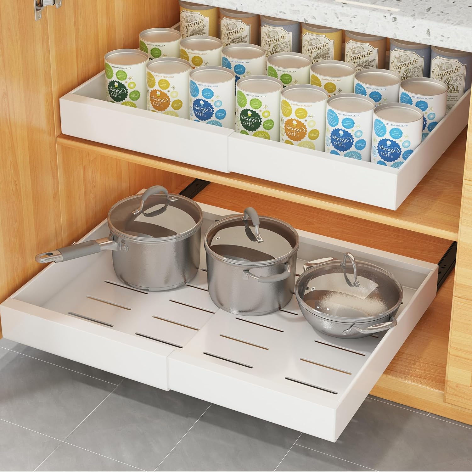 Pull Out Cabinet Organiser, Pull Out Kitchen Storage,Adjustable Drawers Pull Out,No Punch for Kitchen Base Cabinet Organization, Pantry, Bathroom Adjustable Width 31.5CM to 52CM,1 Pack