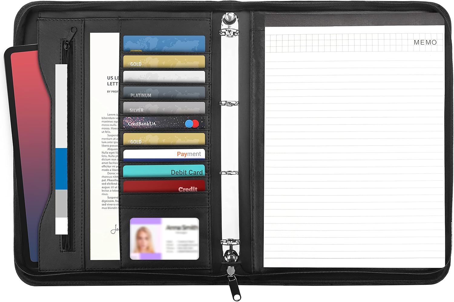 Kurtzy Black Faux Leather Zipped A4 Business Portfolio Folder - Professional Conference Padfolio Organiser Case - Ring Binder File, Resume & Document Pocket, Writing Pad, Card Holder & Tablet Pouch
