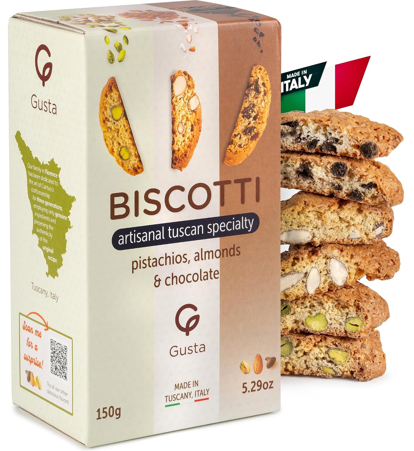 Gusta Authentic Biscotti Variety Pack - Authentic Tuscan Italian Cookies with Pistachios, Almonds & Chocolate - Original Two Bites Size - Natural Ingredients - 5.29oz