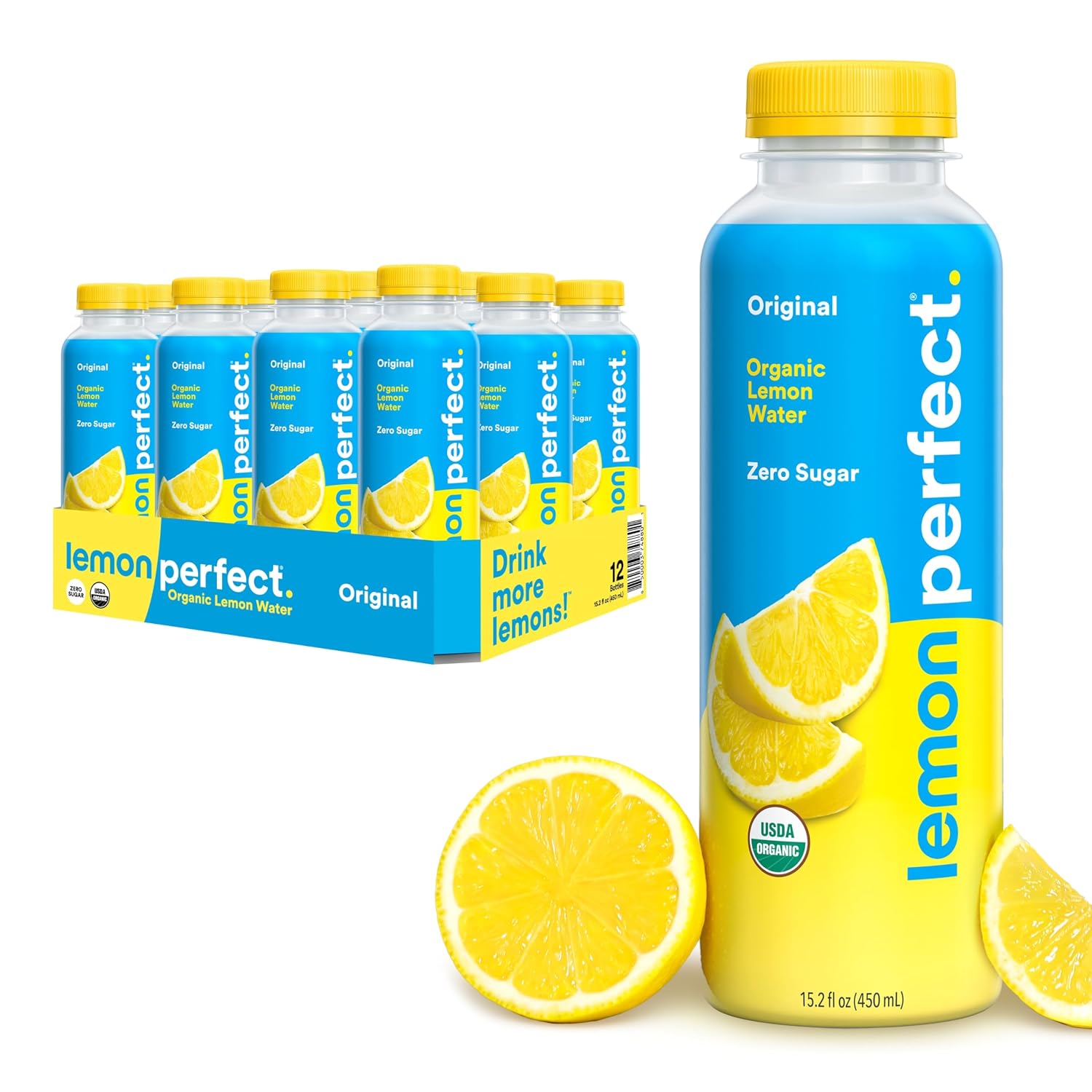 Lemon Perfect Original, Flavored Lemon Water, Organic, Zero Sugar, Healthy Hydration Drinks, 15.2 fl oz Bottles (12-Pack)