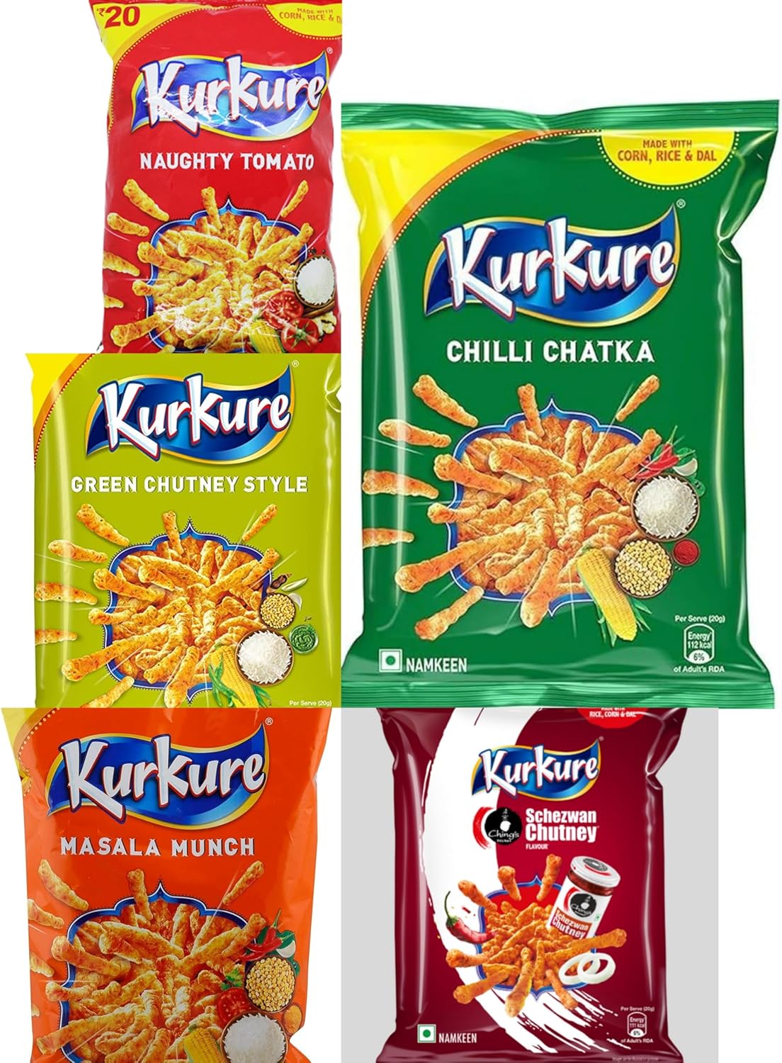 Kurkure Indian Snacks Variety (Pack of 5) Flavours - Naughty Tomato, Chilli Chatka, Green Chutney Style, Masala Munch, Schezwan Chutney (Pack of 4, All)