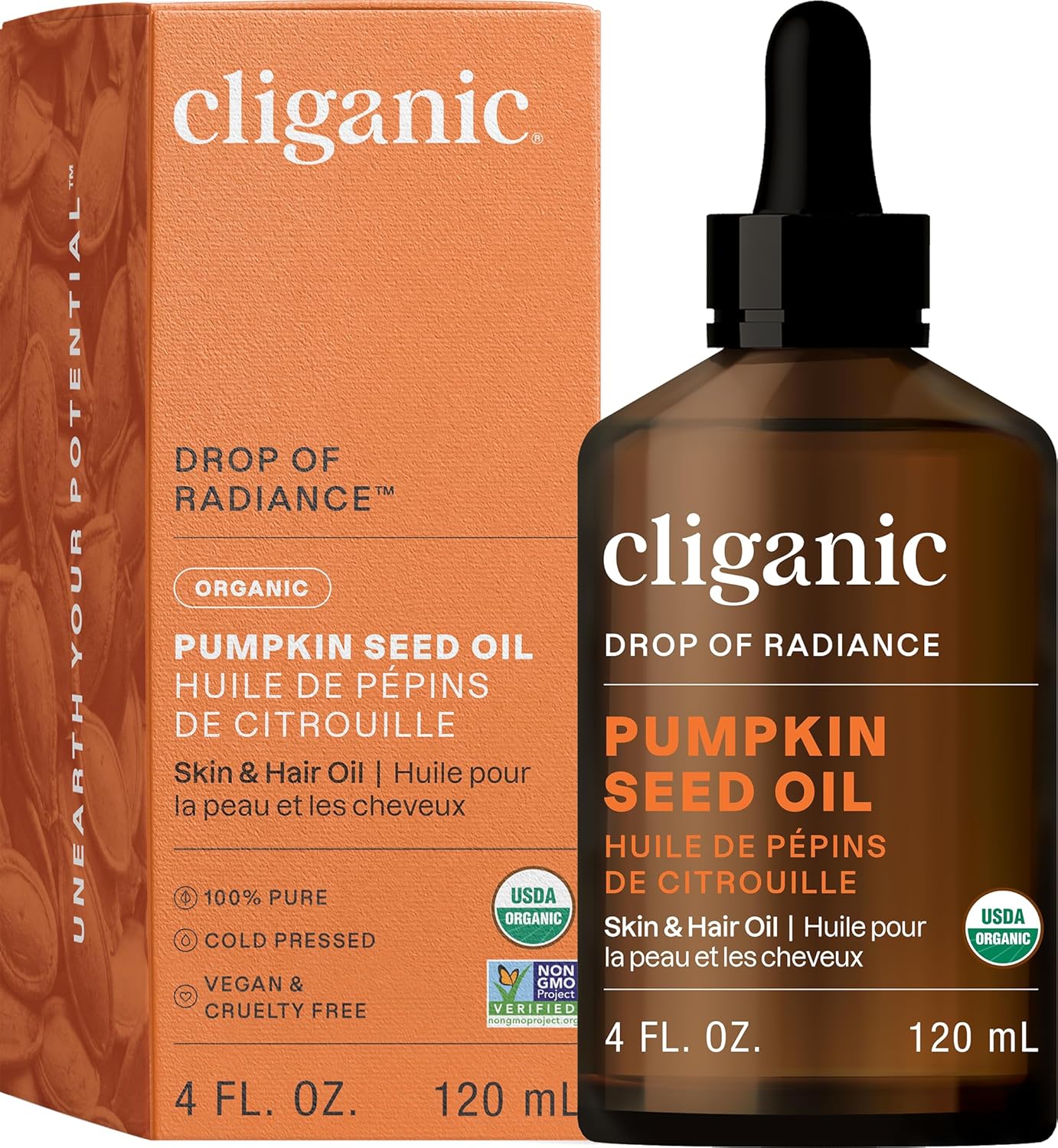 Cliganic Organic Pumpkin Seed Oil, 100% Pure - For Face & Hair | Natural Cold Pressed Unrefined (Packaging May Vary)