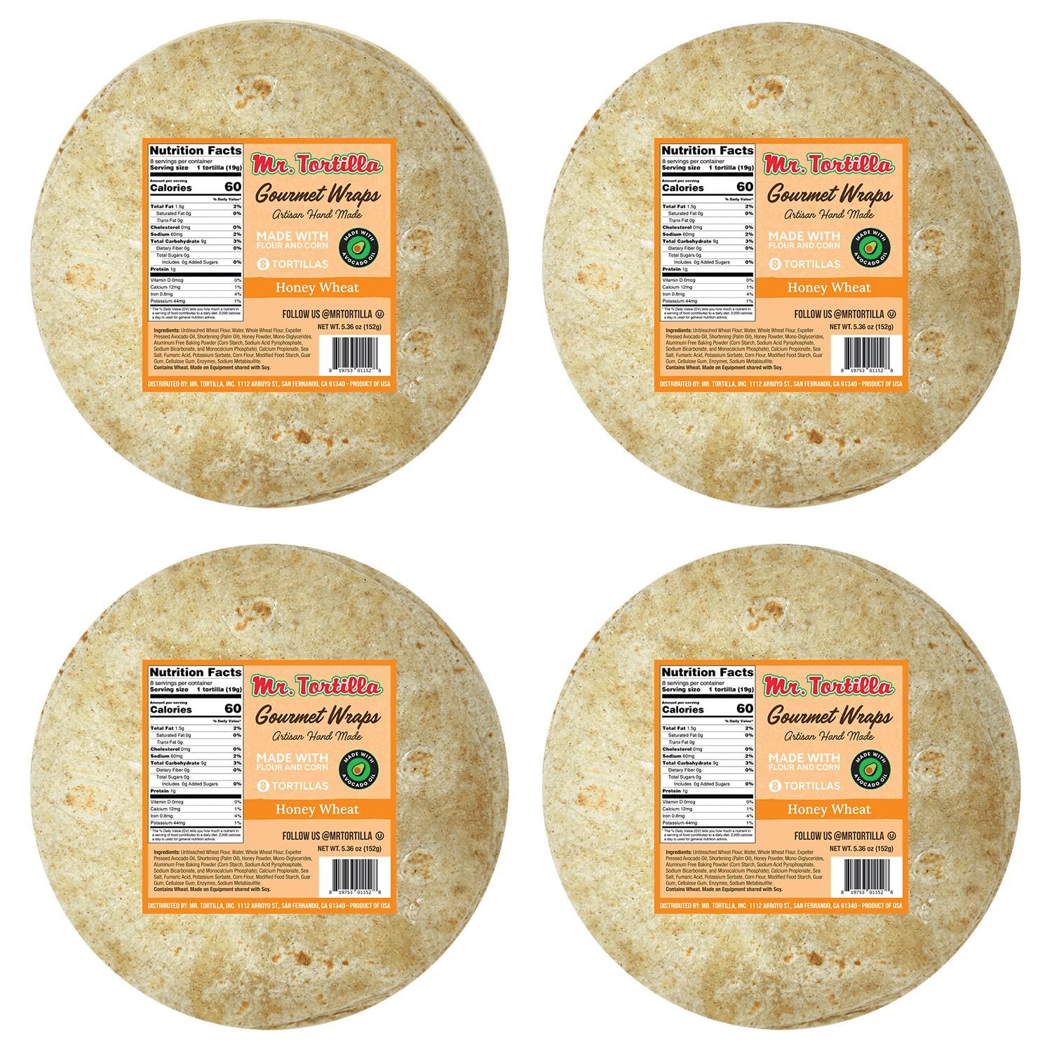 Mr. Tortilla Gourmet Wraps - Artisan Flour Tortillas, Small Batch Zero Cholesterol Snack, Kosher, Vegetarian - Authentic Mexican Snacks (8-Count Bags (Pack of 4), Honey Wheat)