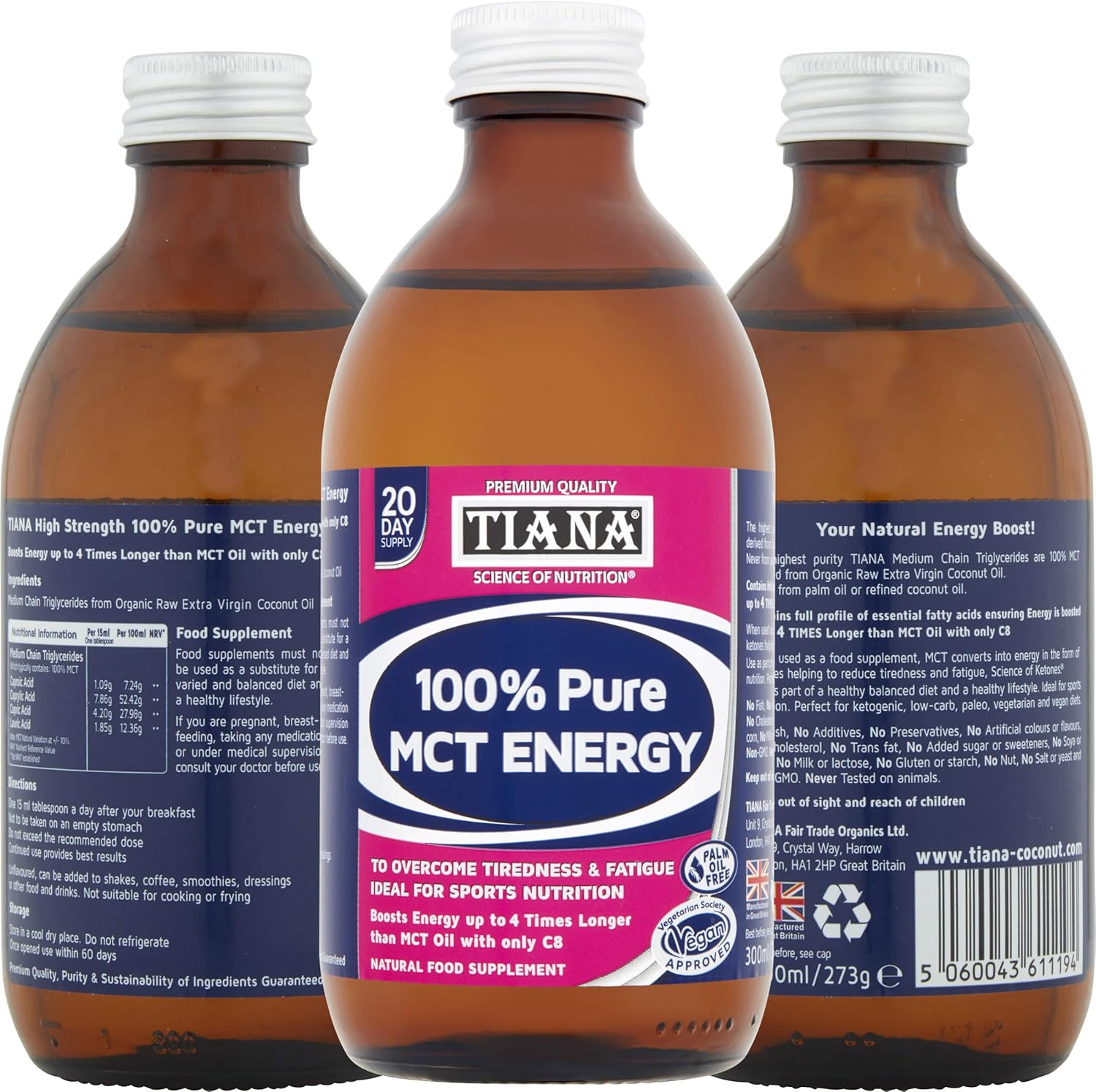 TIANA Fairtrade Organic 100% Pure MCT Oil - Premium Organic Virgin Coconut Oil. Boosts Energy and Metabolism Promoting Rapid Weight Loss. Unflavoured and Odourless. 300ml Glass Bottle.