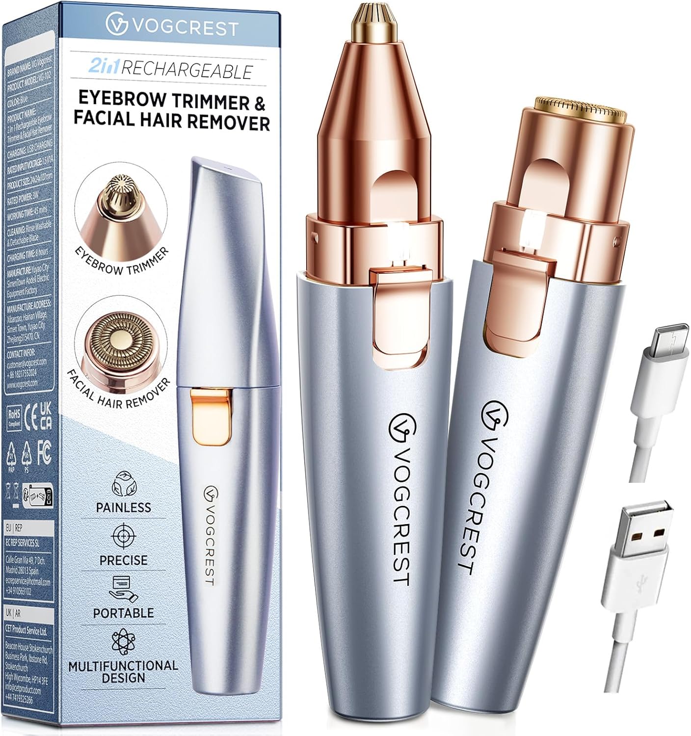 Eyebrow & Facial Trimmer: 2 in1 Rechargeable Facial Hair & Eyebrow Shaver - Painless LED Light (Sky Blue)