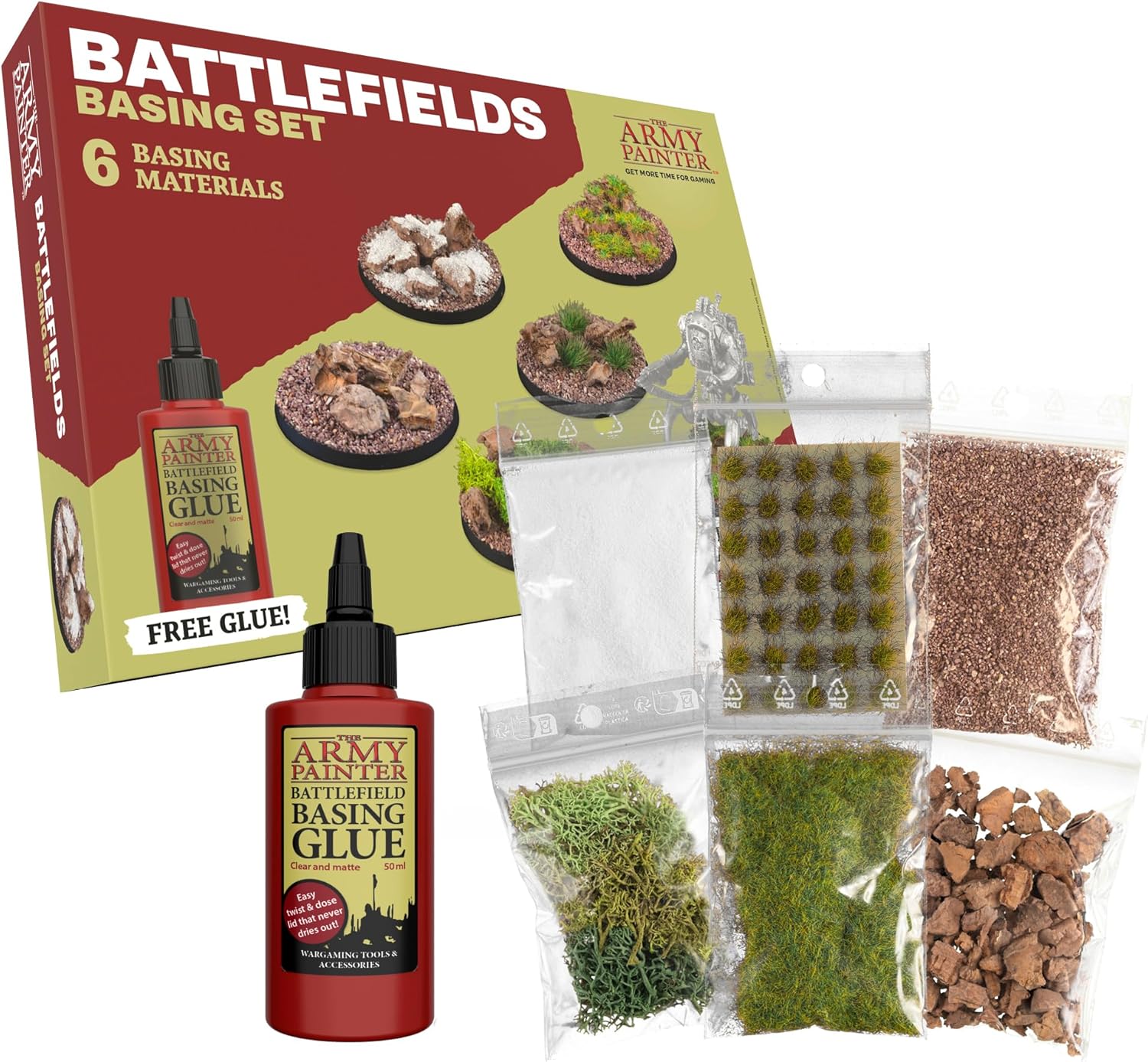 The Army Painter Battlefields Basing Set, 50ml PVA Glue, 35 Green Tufts, 1 Box of Fake Moss/Grass, Brown Battleground, Summer Undergrowth, Battle Rocks and Battlefield Snow for Warhammer 40k