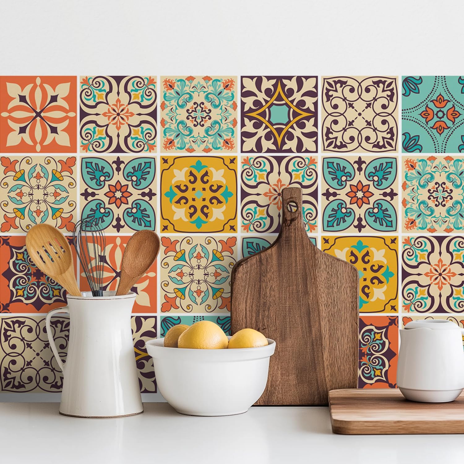 Vintage Moroccan Bohemian Tile Stickers 30 PC Pack - Self-Adhesive PVC Waterproof Wall Decals Kitchen Bathroom Backsplash Decor - 4x4 Inch