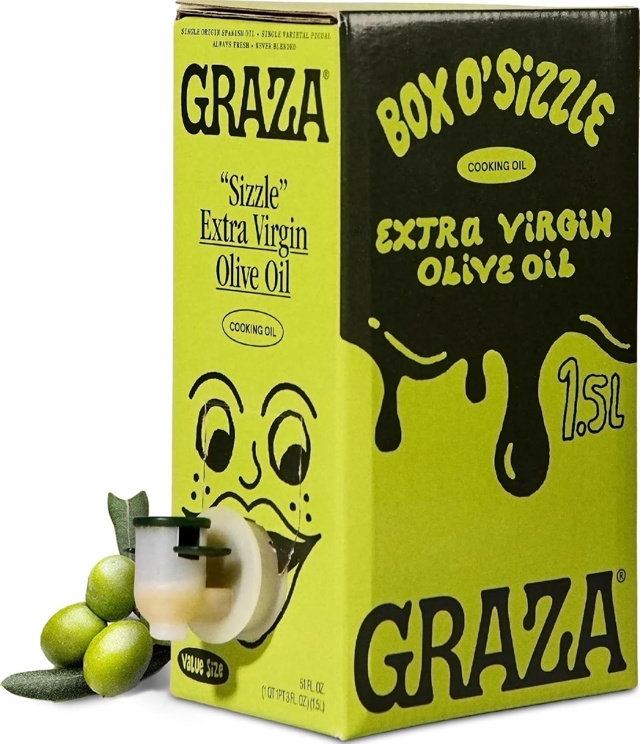 Graza Sizzle Extra Virgin Olive Oil, Cooking Oil - High Polyphenol Peak Harvest EVOO Cooking Oil in a Box - Single Origin Olive Oils from Spain - 51 Fl Oz (1.5L)