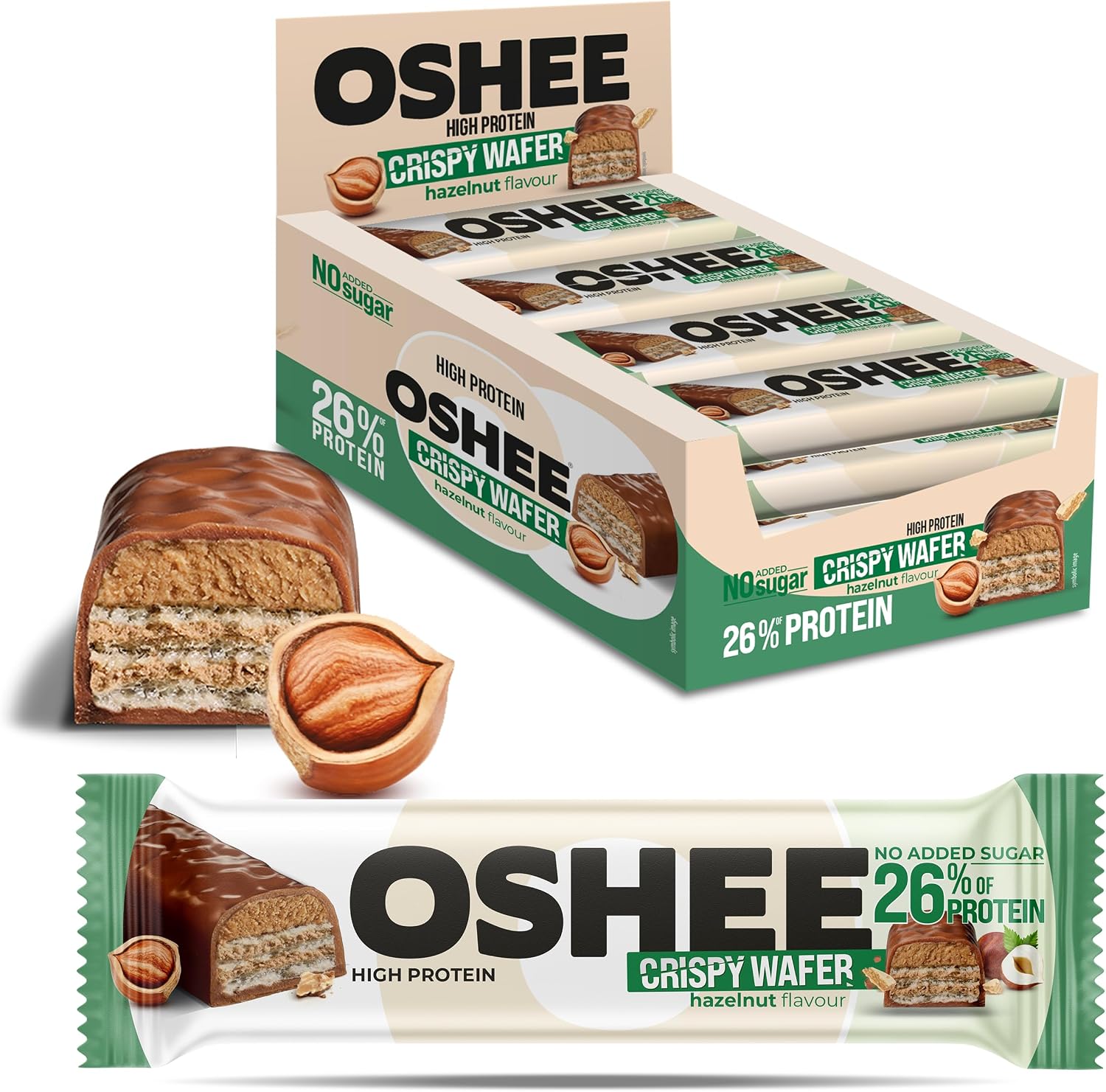 OSHEE Crispy Protein Bar with Hazelnuts 37g (Pack of 12), Crunchy Protein Snack for Energy & Fitness
