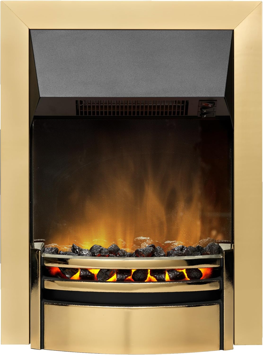 Dimplex Kansas Optiflame Inset Electric Fire, Brass LED Flame Effect Fireplace With Real Coals, 2kW Fan Heater and 1000/2000 Watt Settings, Inset/Recess Depth 7cm