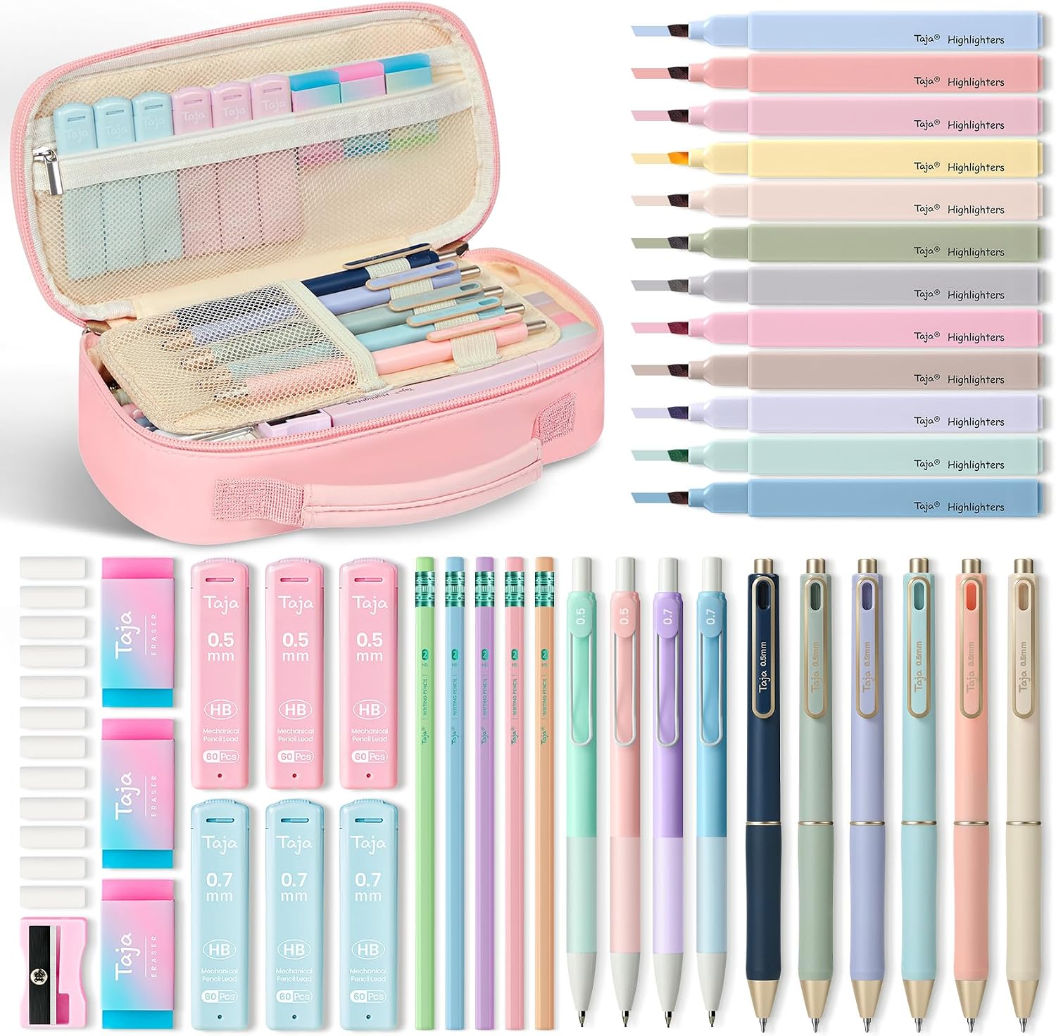 Taja Cute Pencil Case With School Supplies, 39 PCS, Stationery Set, Pink