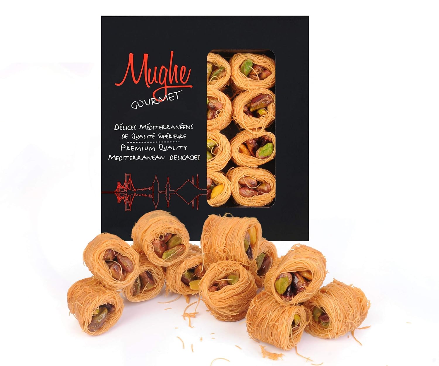 Mughe Gourmet Bite Size Pistachio Esh El Bulbul Baklava Kataifi Pastry Gifts - 150g/5.30oz -Rich Turkish Pistachios Shatila Baklawa Arabic Dessert Gift Box - Sweet Food Gifts for Women, Men - Kadayif Dessert