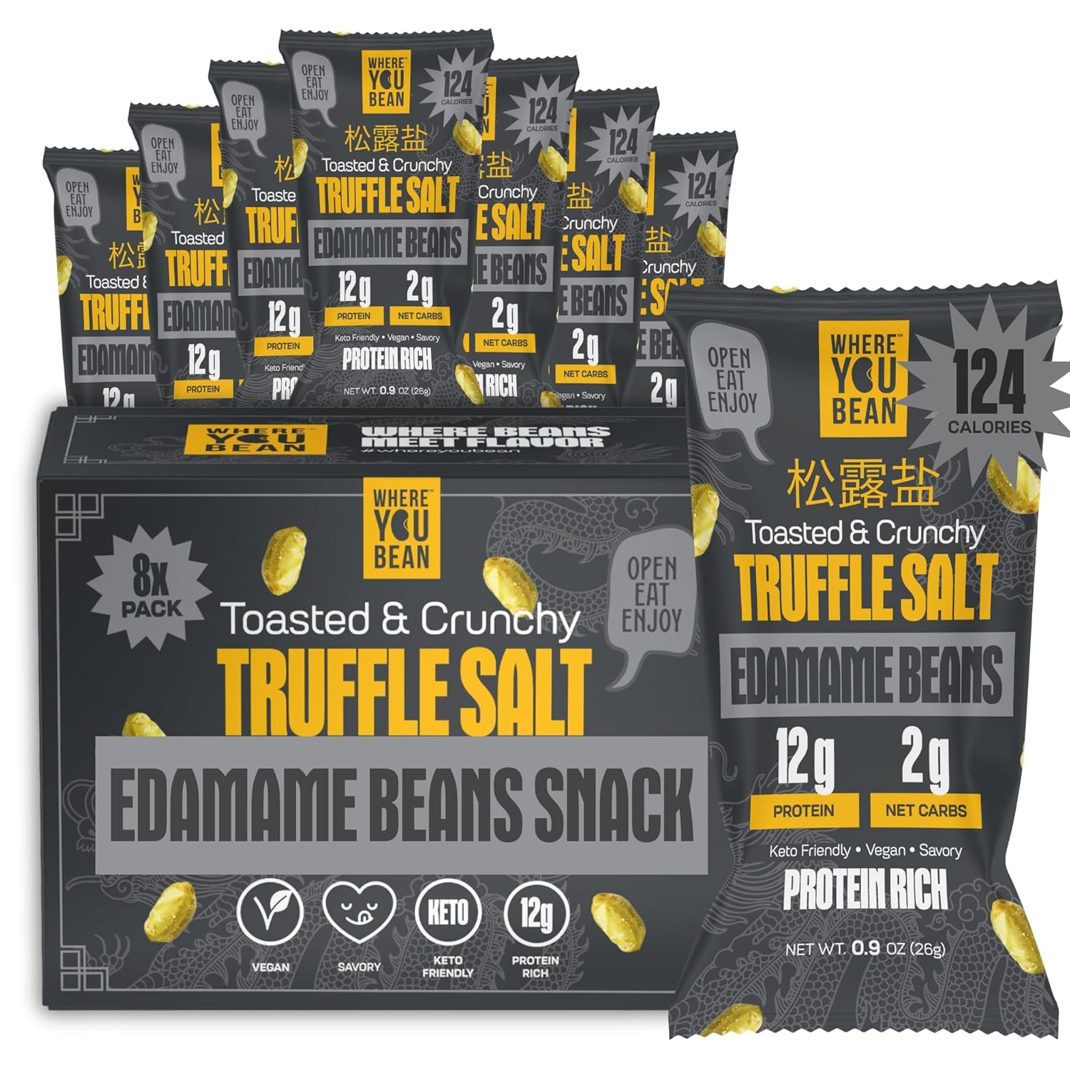 Where You Bean Edamame Beans Snack (Truffle Salt) - Crunchy and Dry Roasted Edamame Beans - High Protein Snacks, Keto and Vegan Healthy Snacks for Adults & Low Carb Asian Snack 0.9 oz (Pack of 8)