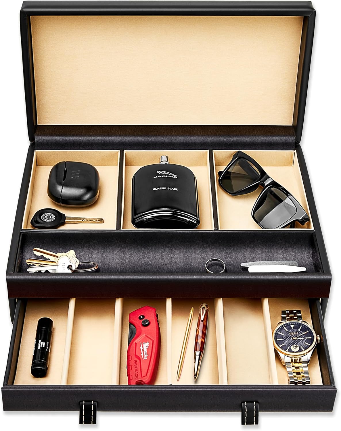 Stock Your Home Mens Valet Tray, Men's Jewelry Box, Night Stand Organizers and Storage, Bedside Table Organizer, Watch Box for Dresser, Faux Leather (Black & Beige)