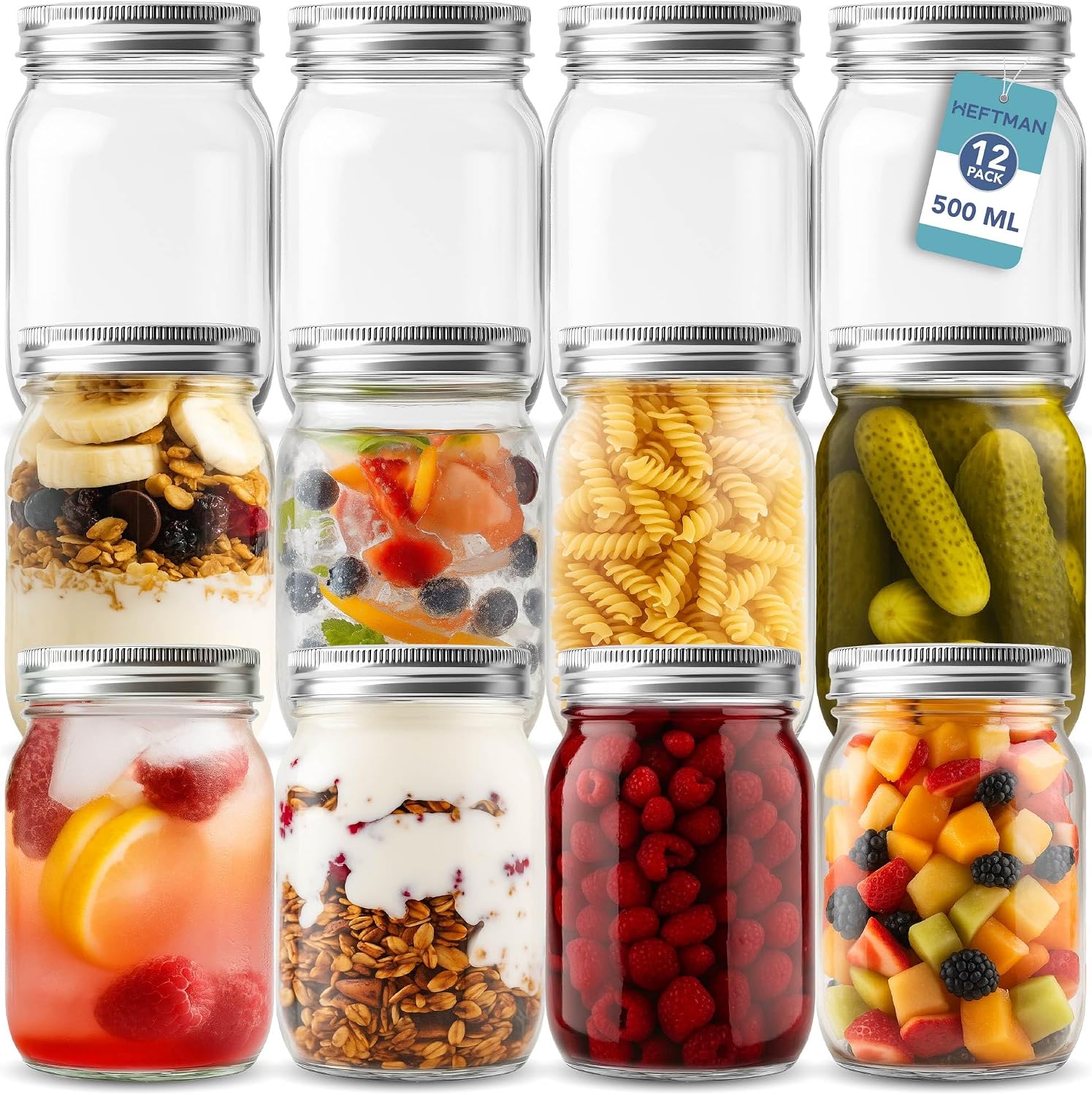 HEFTMAN Glass Mason Jars with Lids - Set of 12, 500ml Air Tight Jars
