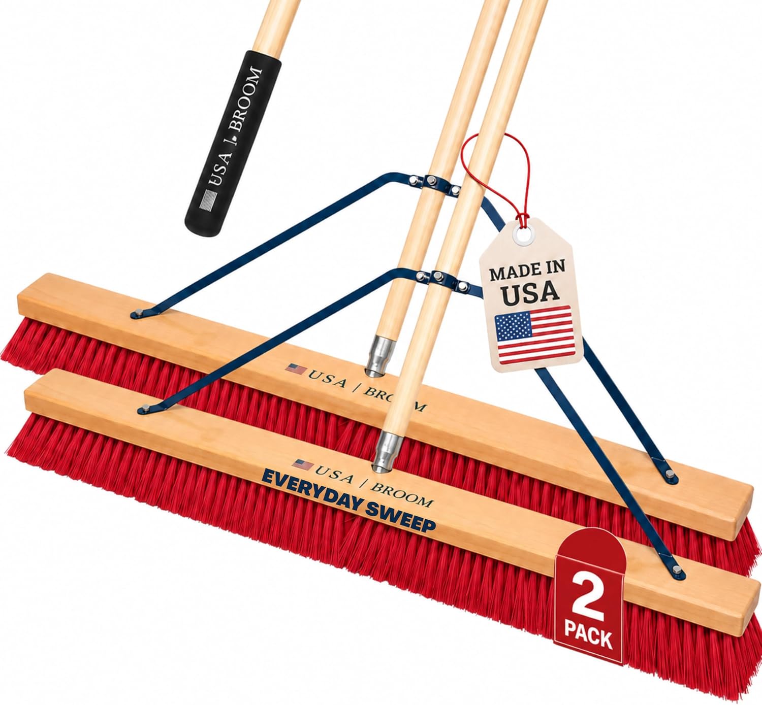 2-Pack - 36" Everyday Sweep Indoor/Outdoor Push Broom with 60" Handle. Ideal for Garages & Shops. Durable American Made Steel Brackets-All Stainless Steel Hardware. No Plastic. 100% USA Made