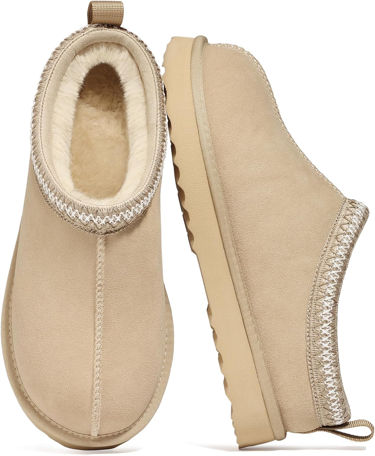 Genuine Suede Fuzzy Slippers for Women Winter Warm House Shoes Cozy Mini Boots for Indoor Outdoor