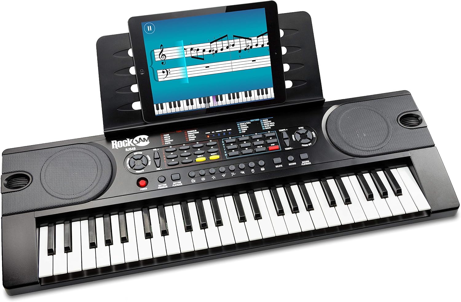 RockJam 49 Key Keyboard Piano with Power Supply, Sheet Music Stand, Piano Note Stickers & Simply Piano Lessons, Black