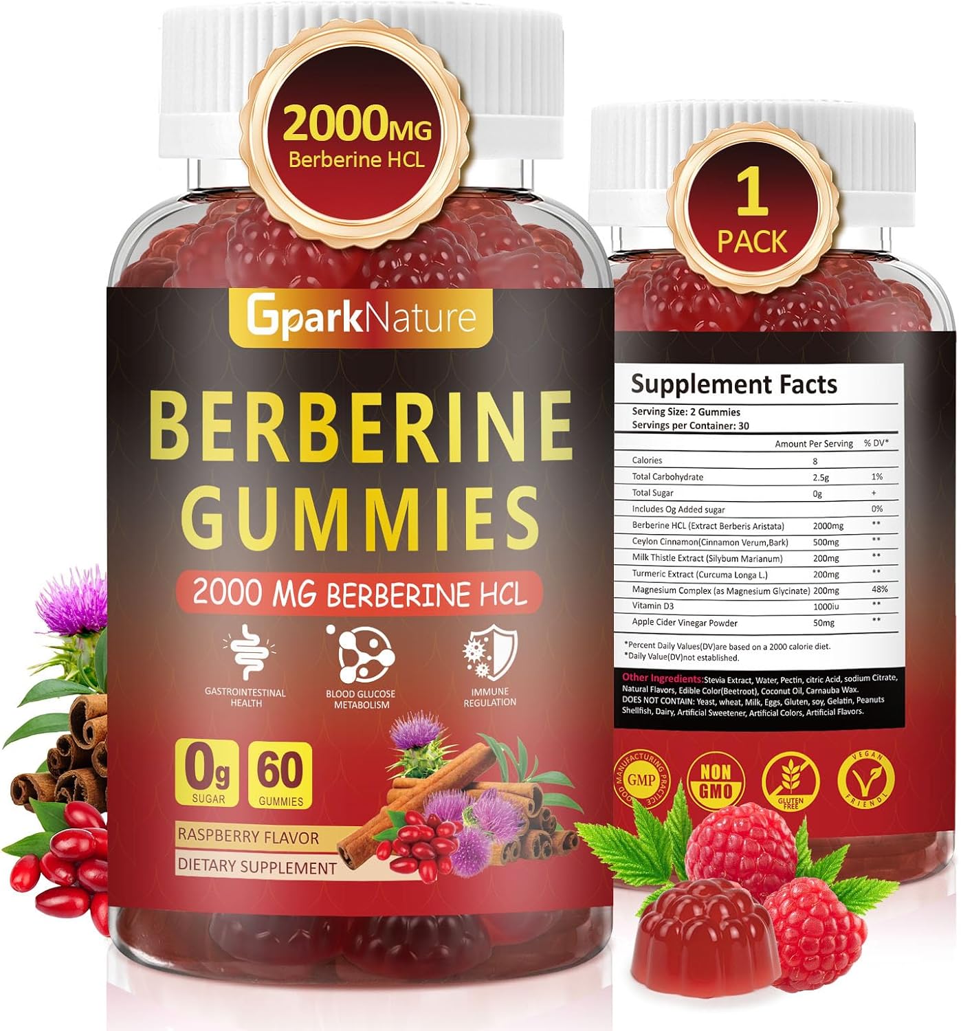 Berberine Gummies 2000 mg, Berberine Supplement with Ceylon Cinnamon, Turmeric, Milk Thistle, Magnesium, Chromium for Immune Support, Sugar Free, Vegan, Raspberry Flavor, 60 Count-1 Pack