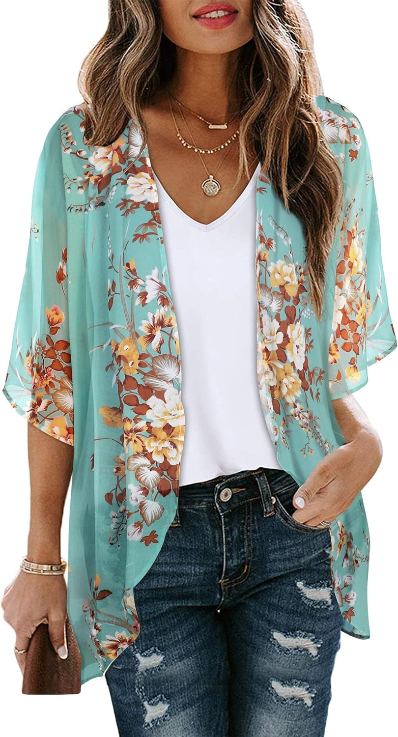 florynova Women’s Causal Kimono Cardigan Summer Tops Loose Fit Beach Cover Ups Floral Print Blouses