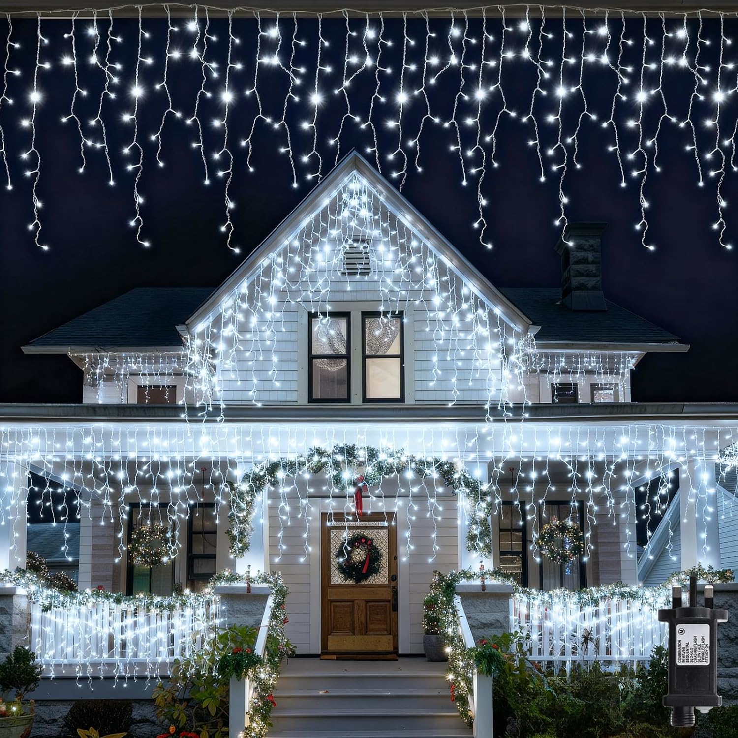 Outdoor Icicle Christmas Lights, 5M 216LED Waterproof Cool White Icicle Lights Outdoor with Timer 8 Modes Mains Powered, Hanging String Fairy Lights for Outside House Roof Balcony Xmas Decorations