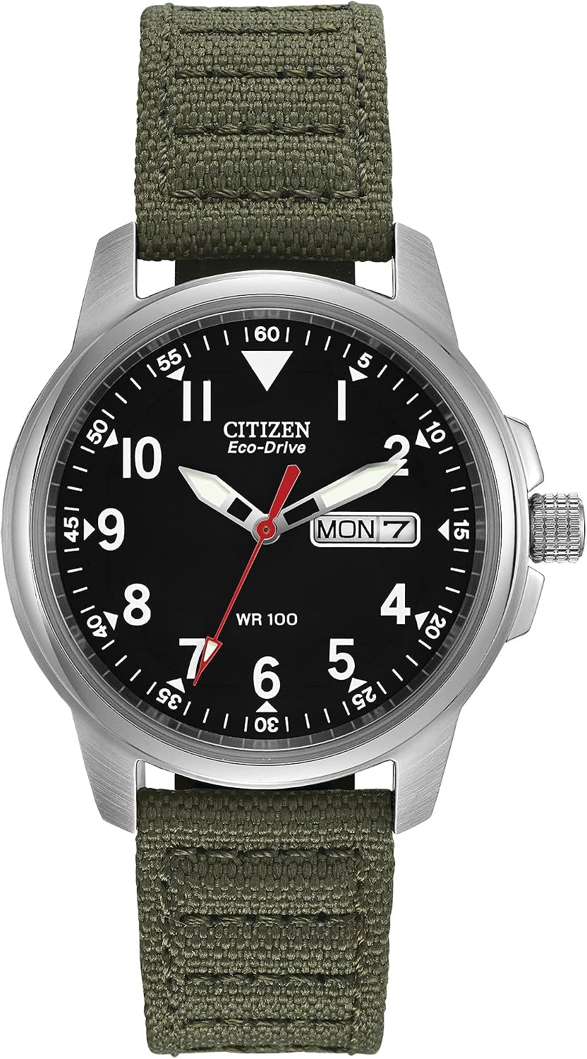 Citizen Men's Eco-Drive Weekender Garrison Field Watch in Stainless Steel with Olive Nylon strap, Black Dial (Model: BM8180-03E)