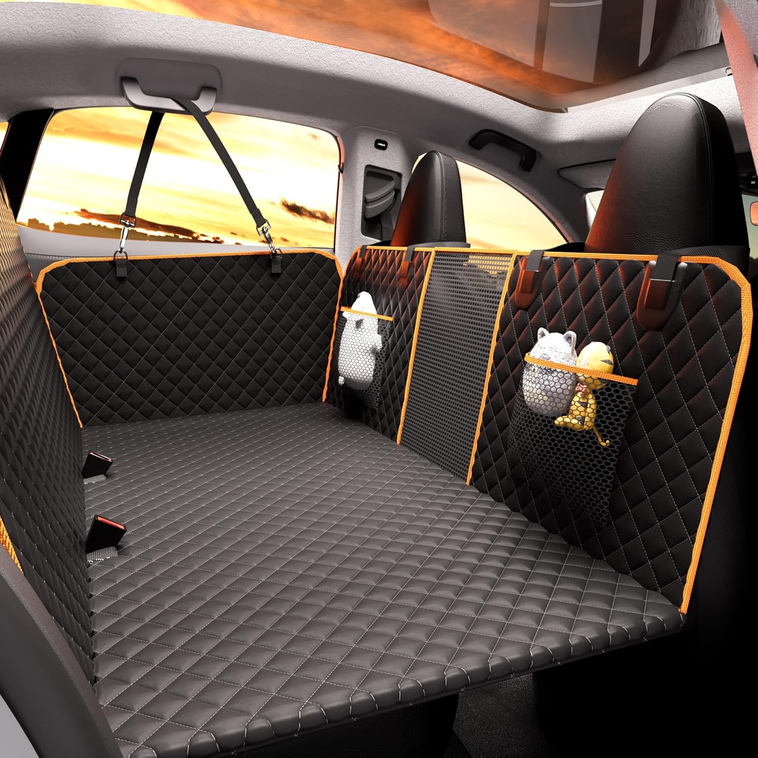 Back Seat Extender for Dogs - Large Space, Waterproof Dog Car Seat Cover for Back Seat with Hard Bottom Holds 420lbs, 600D Heavy-Duty Upgraded Material Dog Hammock for Car, Easy to Use and Clean