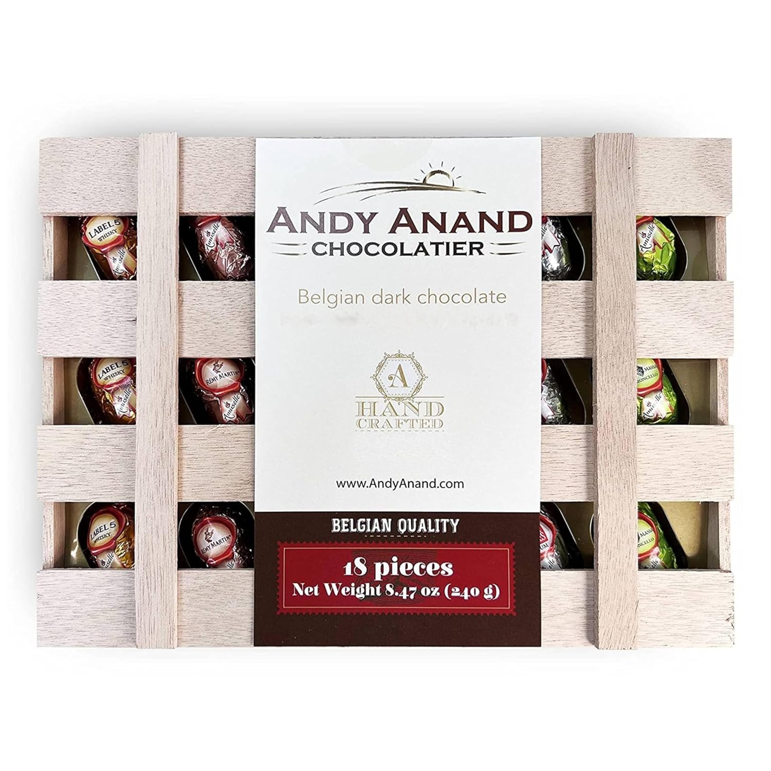 Andy Anand European Liquor Flavored Dark Chocolate Bottles, Assortment Of Premium Selection, Filled with Top-Shelf Non Alcoholic liqueur, Packed in a Wooden Gift Box - 18 Count