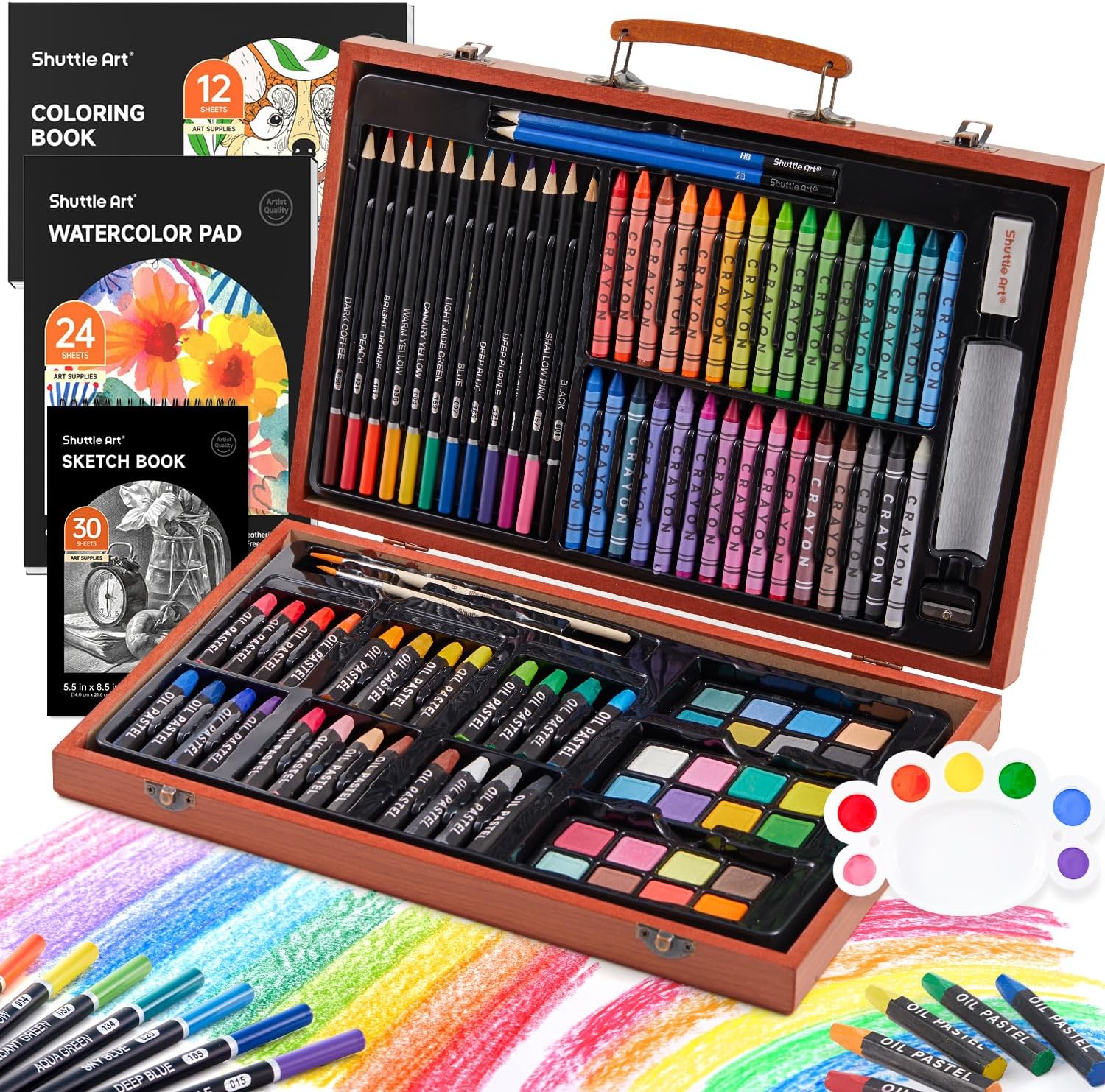Shuttle Art 106 Piece Deluxe Art Set, Art Supplies in Wooden Case, Painting Drawing Art Kit with Pencils Oil Pastels Watercolour Cakes Colouring Book Sketch Pad for Kids Adults