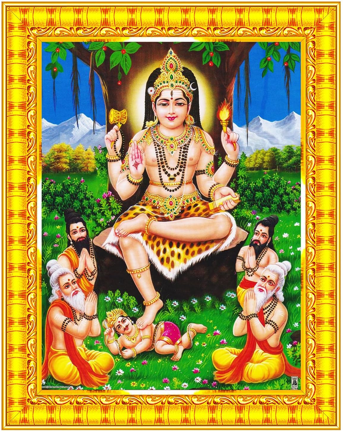 Pavan Photo Laminations Lord Dakshinamurthy Yoga Dakshinamoorthy Wall Painting Framed Home Decor (Wood,Matte,Gold,Big Size,10 x 12 Inch) R273M
