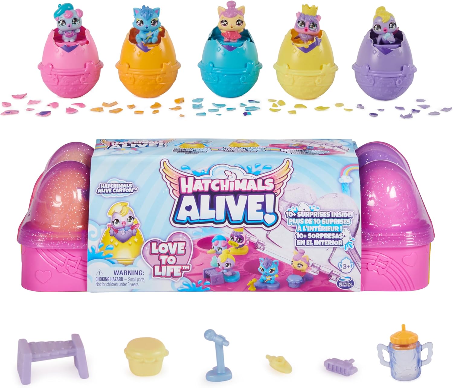 HATCHIMALS Alive, Egg Carton Toy with 5 Mini Figures in Self-Hatching Eggs, 11 Accessories, Kids’ Toys for Girls and Boys Aged 3 and up
