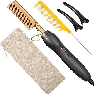 Hot Comb Hair Straightener Heat Pressing Combs - Ceramic Electric Hair Straightening Comb, Curling Iron for Natural Black Hair Beard Wigs Holiday Gift - Glod 5 In1