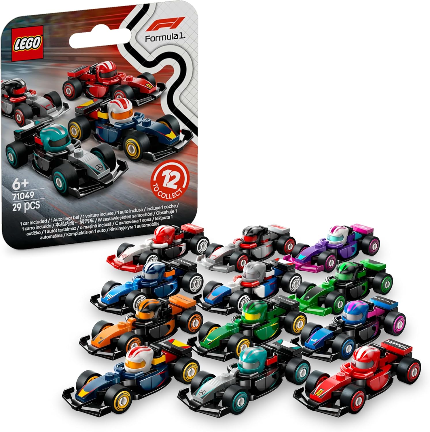 LEGO F1 Collectible Race Cars Toys - Get 1 of 12 Mini Car Models Age 6+ with Drivers Helmets & Moving Wheels - Formula 1 Teams incl. Ferrari, Mercedes, McLaren, Red Bull - Mystery Box - 71049