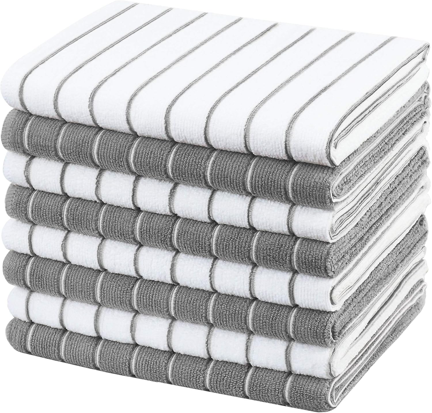 gryeer Microfibre Tea Towels - Pack of 8 (Stripe Designed Grey and White Colours) - Soft, Super Absorbent and Lint Free Kitchen Towels, 45 x 65 cm