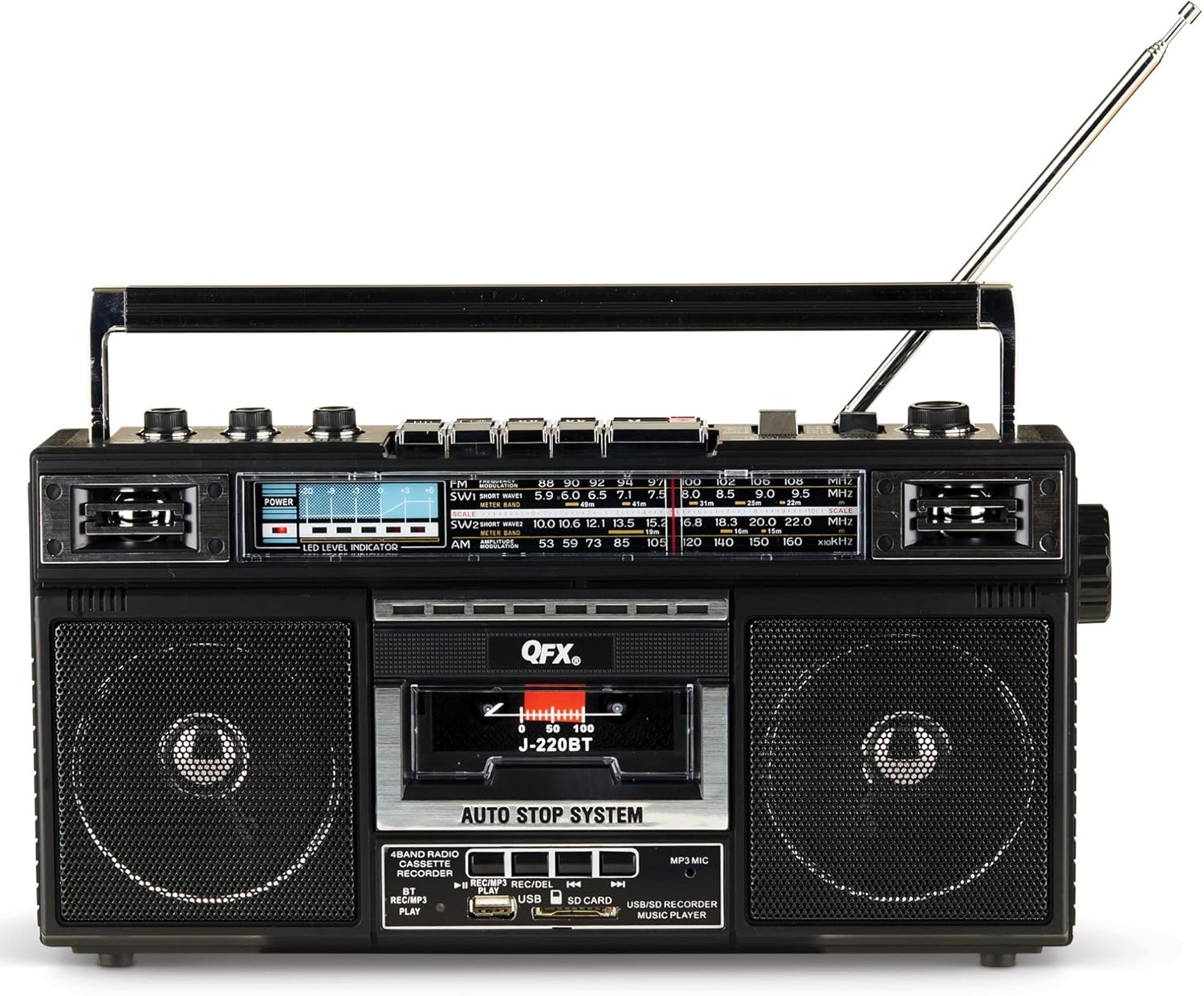 QFX J-220BT Boombox MP3 Conversion from Radio to Cassette with 4-Band (AM, FM, SW1, SW2) Radio with Bluetooth, Rechargeable Battery, Dual 3” Speakers, Built-in Microphone, Recorder, 3-Band Equalizer | Portable, Dual 3" Speakers, AM/FM/SW1/SW2 Radio, Rechargeable Battery, Built-In Mic, Recorder, 3-Band Equalizer