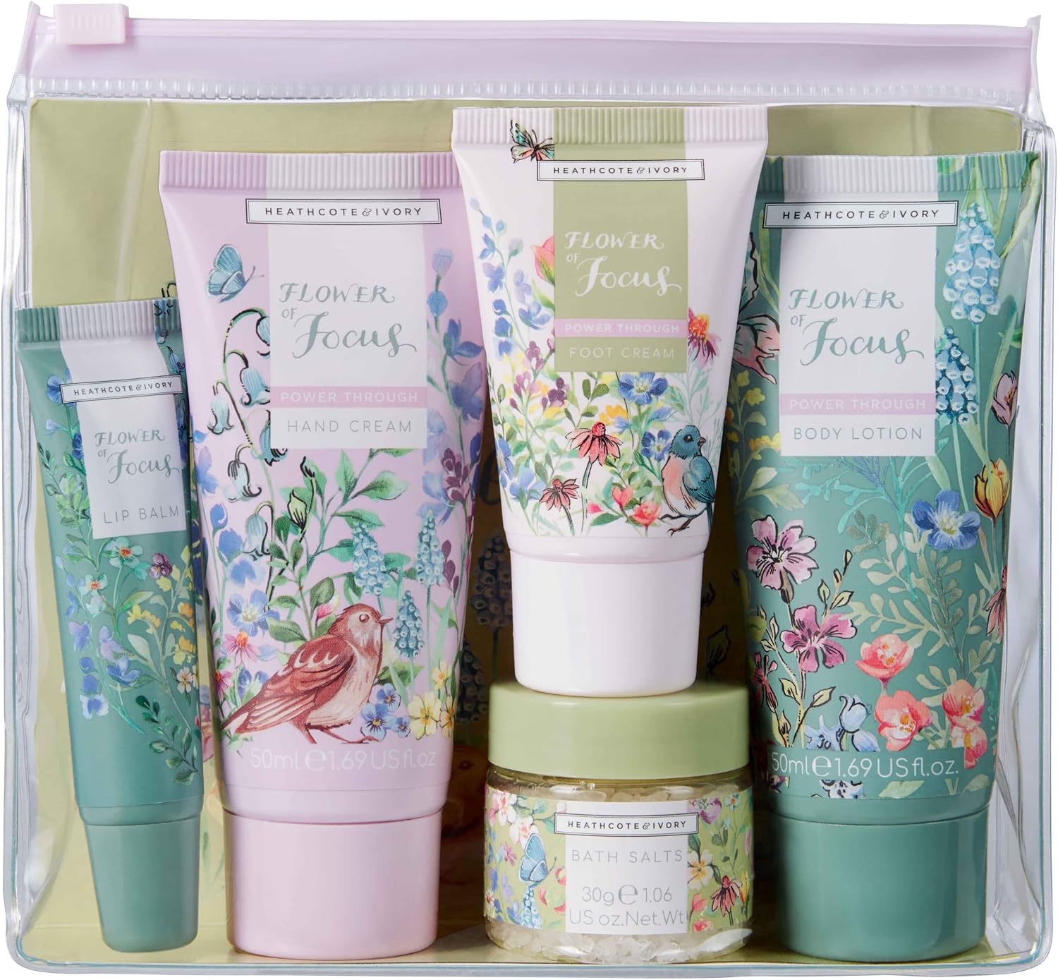 Heathcote & Ivory Flower of Focus Top to Toe Kit | 50ml Hand Cream, 50ml Body Lotion, 30ml Foot Cream, 30g Bath Salts and 10ml Lip Balm | Cruelty Free & Vegan Friendly