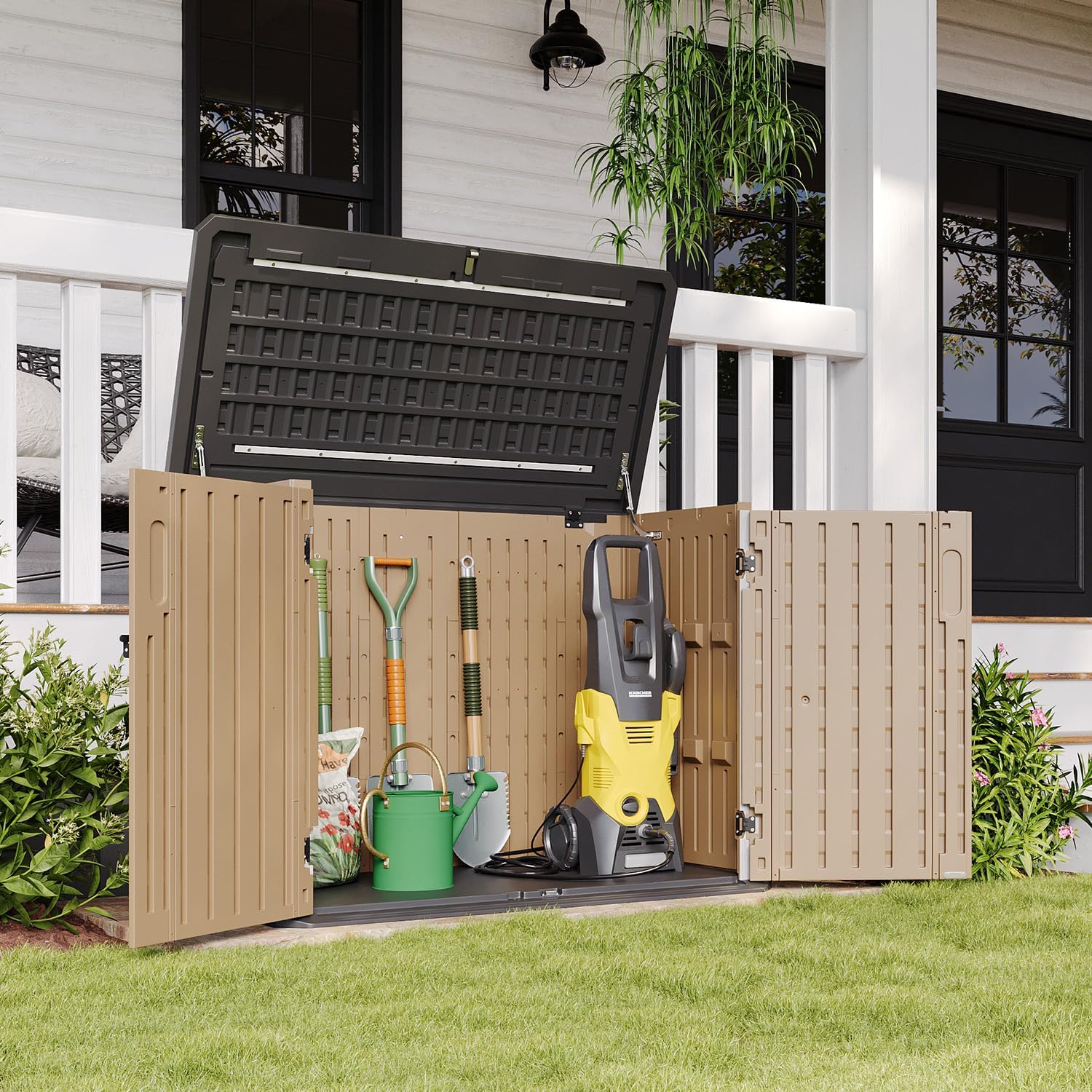 Aoxun Outdoor Storage Cabinet 35 Cu.Ft Outdoor Trash Can Storage Shed,Brown