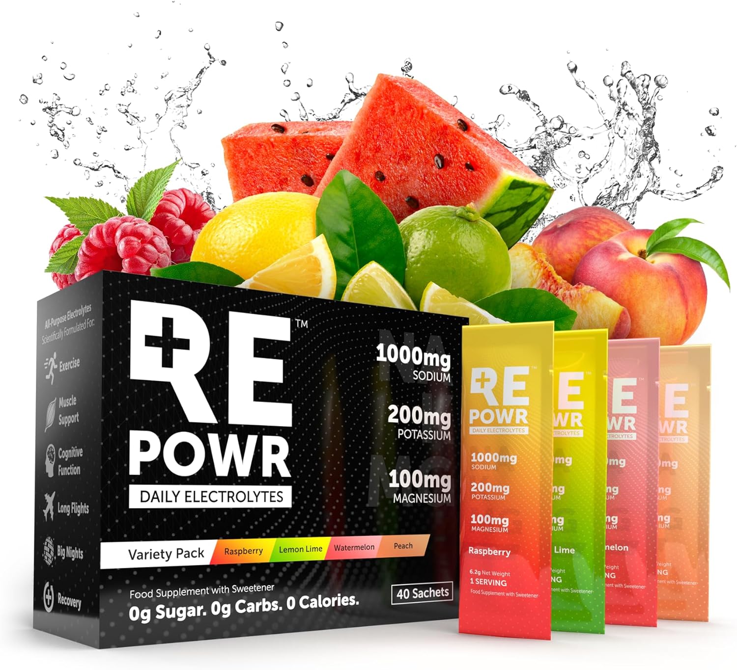 REPOWR - Electrolytes Made with Oryx Desert Salt | No Sugar. No Carbs. No Calories. | Clean Hydration for Healthy Diets, Fasting and Exercise | Natural Ingredients | 40 Sachets Variety Pack