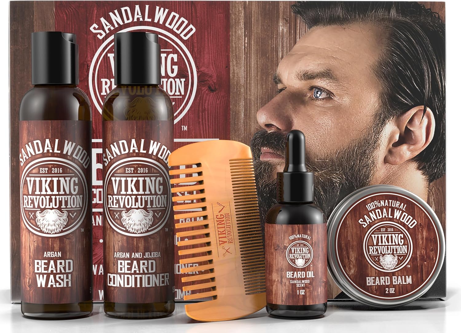 Viking Revolution - Beard Conditioner Kit - Beard Grooming Kit For Men - Softens, Smoothes & Soothes - With Beard Wash & Conditioner, Beard Oil & More - Gifts For Men - Sandalwood