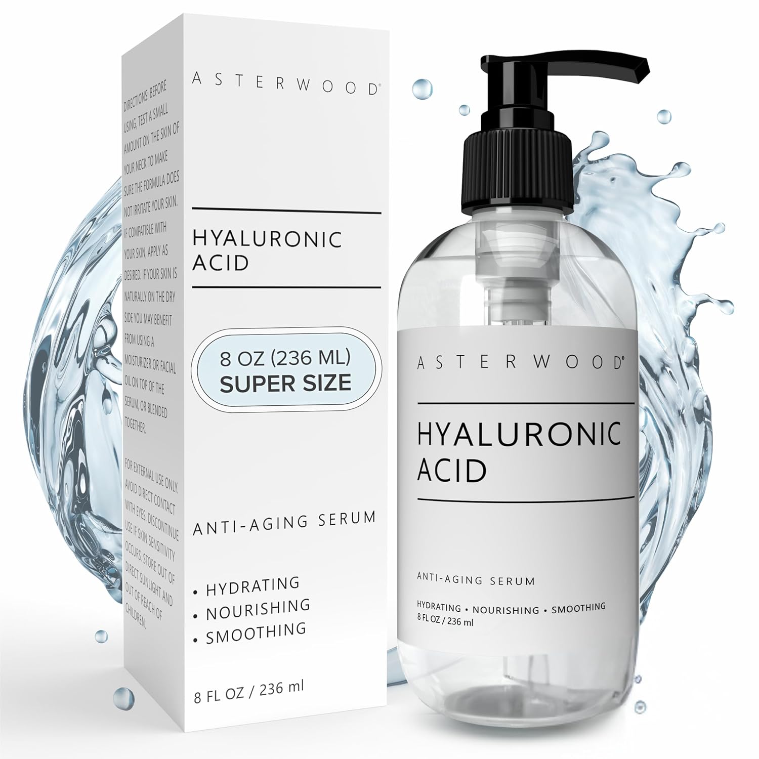 Asterwood Hyaluronic Acid Serum for Face - Plumping, Anti-Aging, Hydrating - Fragrance-Free - 8 Fl Oz