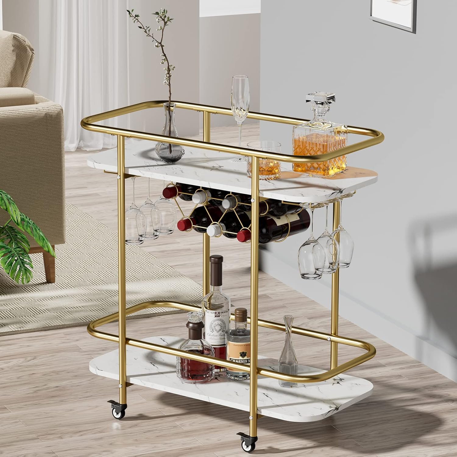 DAWNYIELD 2 Tier Bar Serving Cart on Wheels, Mobile Drinks Trolley with Wine Rack and Glass Holder, Rolling Drinks Storage with Marble Pattern Plate for Kitchen Living Room Bar(Golden)