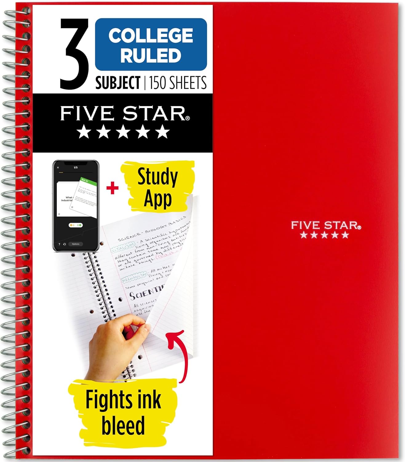 Five Star Spiral Notebook + Study App, 3 Subject, College Ruled Paper, 8-1/2" x 11", 150 Sheets, Fights Ink Bleed, Water Resistant Cover, Fire Red (72065)