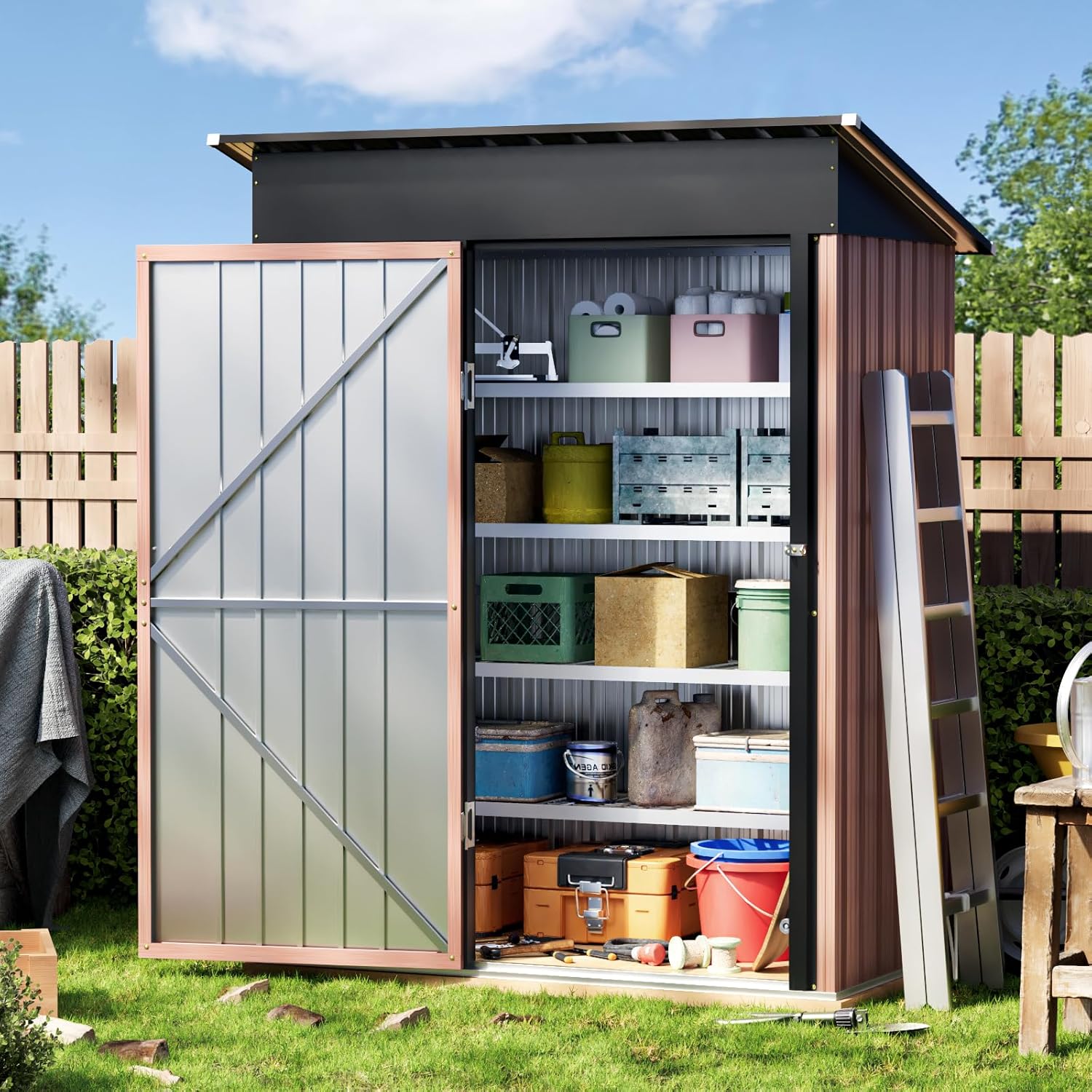 5X3X6.1FT Outdoor Steel Storage Shed with Lockable Door,Tool Shed with Sloping Roof, Anti-Corrosion Metal Shed for Backyard Garden Patio Lawn (Light Wood Grain)