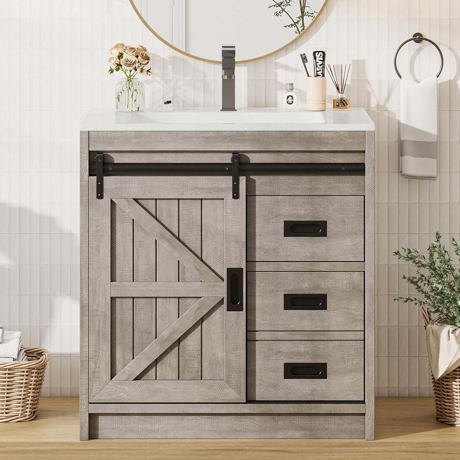 AMERLIFE 30" Farmhouse Bathroom Vanity with Sliding Barn Door, Light Grey